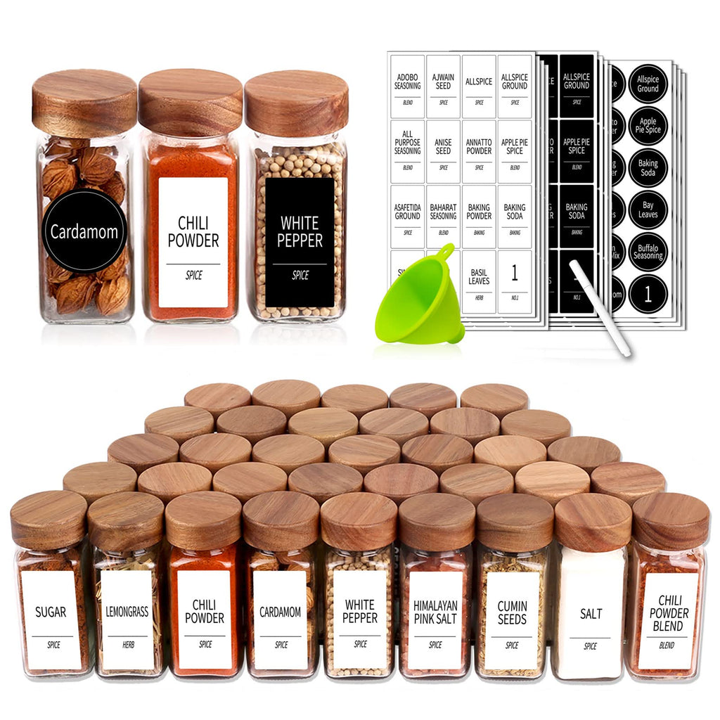 Churboro 24 Spice Jars with 547 Labels - Glass Spice Jars with Shaker Lids - 4 Oz Square Spice Containers with Acacia Wood Lids, Chalk Pen, Funnel- Seasoning Jars for Spice Rack, Cabinet, or Drawer