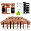 Churboro 24 Spice Jars with 547 Labels - Glass Spice Jars with Shaker Lids - 4 Oz Square Spice Containers with Acacia Wood Lids, Chalk Pen, Funnel- Seasoning Jars for Spice Rack, Cabinet, or Drawer
