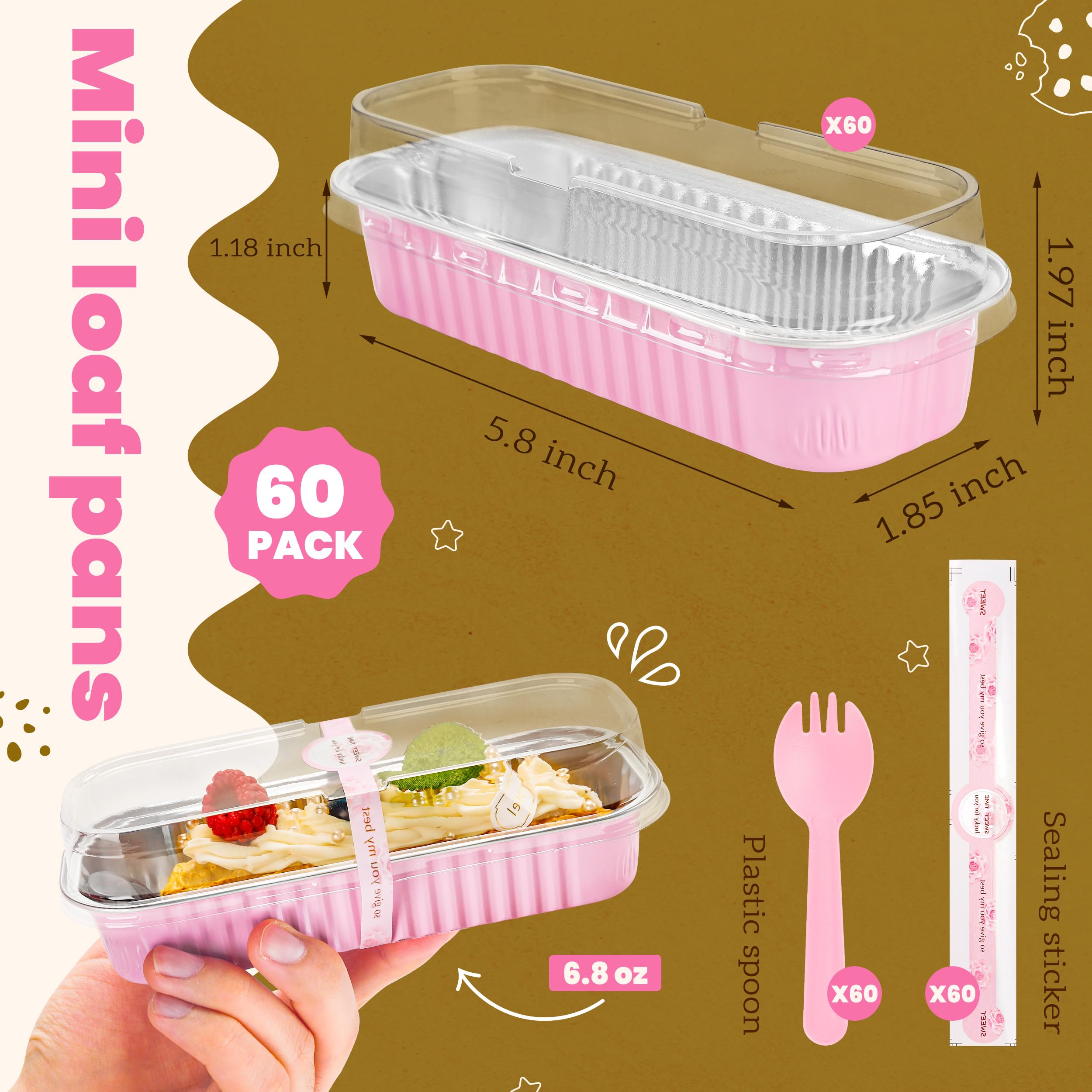 Mini Loaf Pans with Lids and Spoons Rectangular Aluminum Foil Baking Pans Mini Cheesecake Containers 6.8oz(60 Pack, Pink)