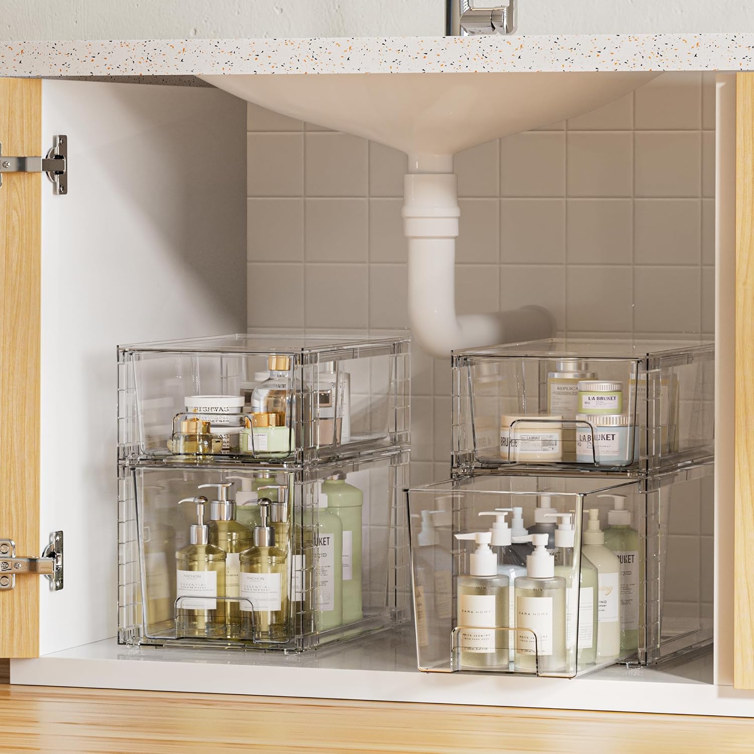 Vtopmart 4 Pack Clear Stackable Storage Drawers,Under Sink and Kitchen Organizers Storage,Easy to Assemble Plastic Drawers for Baby Bottle,Medicine, Bathroom,Cabinet and Pantry Organization