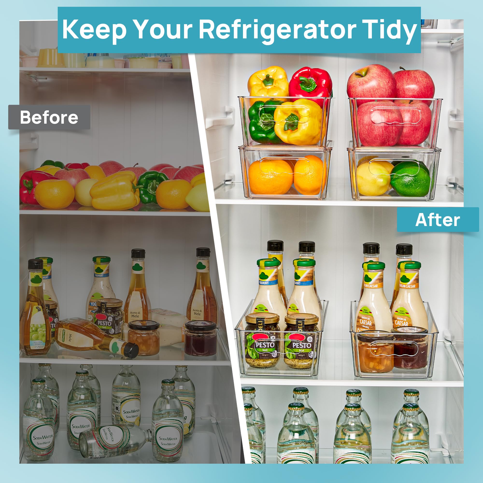 Vtopmart 8pcs Clear Organizers and Storage Bins with Lids, Stackable Plastic Storage Containers with Handles for Fridge, Freezer, Pantry, Cabinet, Kitchen Organization