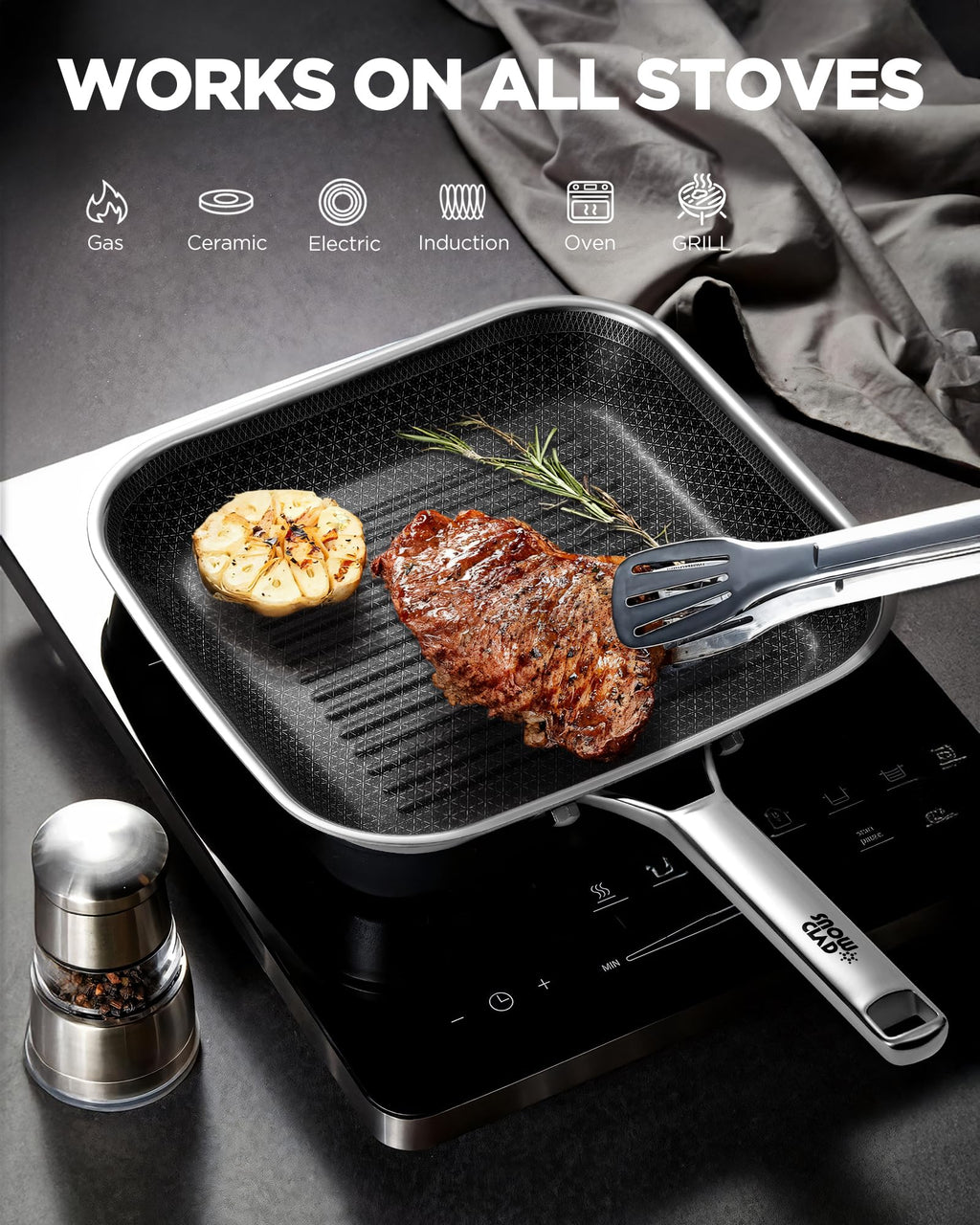 Nonstick Grill Pan,12 Inch Square Steak Grilling Pan for Indoor Cooking & Outdoor Grilling, Non Stick Stainless Steel Grill Skillet Steak Pan, PFOA Free cookware