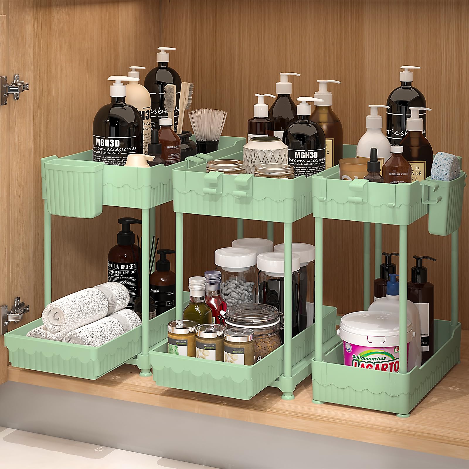 3 Pack Under Sink Organizers, 2-Tier Multi-Use Kitchen and Bathroom Organizers and Storage with Sliding Drawers，Bathroom Cabinet Organizer (Black, 12.8 Inch)