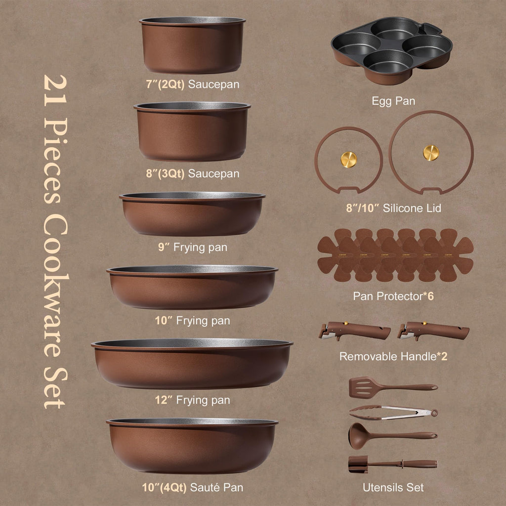 CAROTE 21pcs Pots and Pans Set, Nonstick Cookware Set Detachable Handle, Induction Kitchen Cookware Sets Non Stick with Removable Handle, RV Cookware Set, Gold and Purple