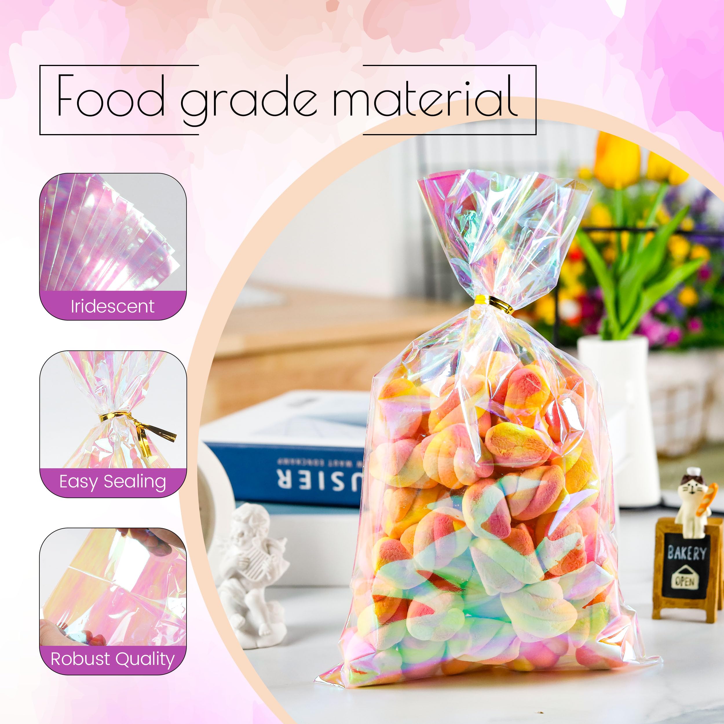 NPLUX Cellophane Treat Bags,Plastic Iridescent Party Favor Bags Clear Candy Bags with Twist Ties for Gift, Cookies, Snacks(100PACK, 6x10inch)