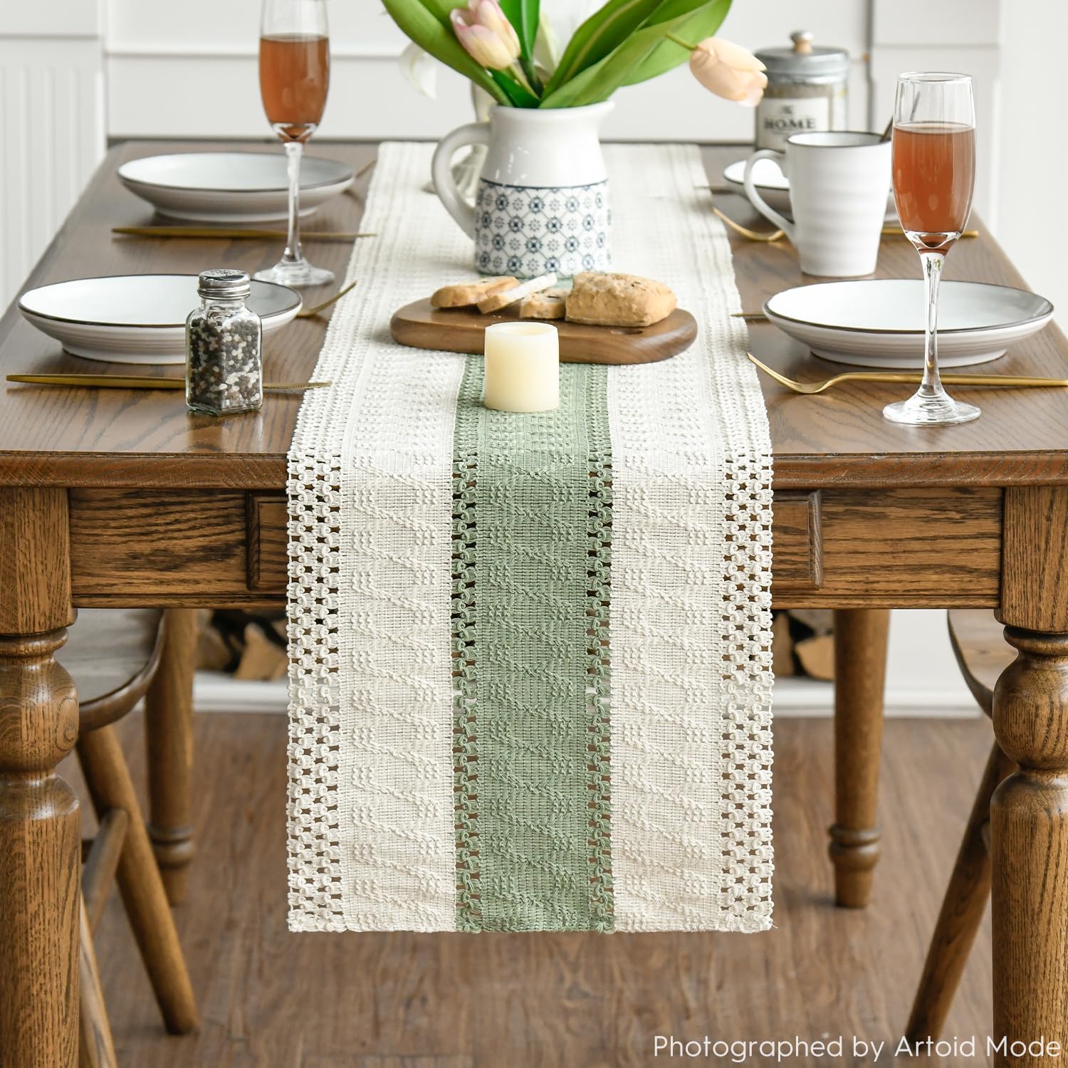 Artoid Mode Light Green Farmhouse Rustic Table Runner, Seasonal Holiday Hollow Kitchen Dining Table Decoration for Home Party Decor 12x72 Inch