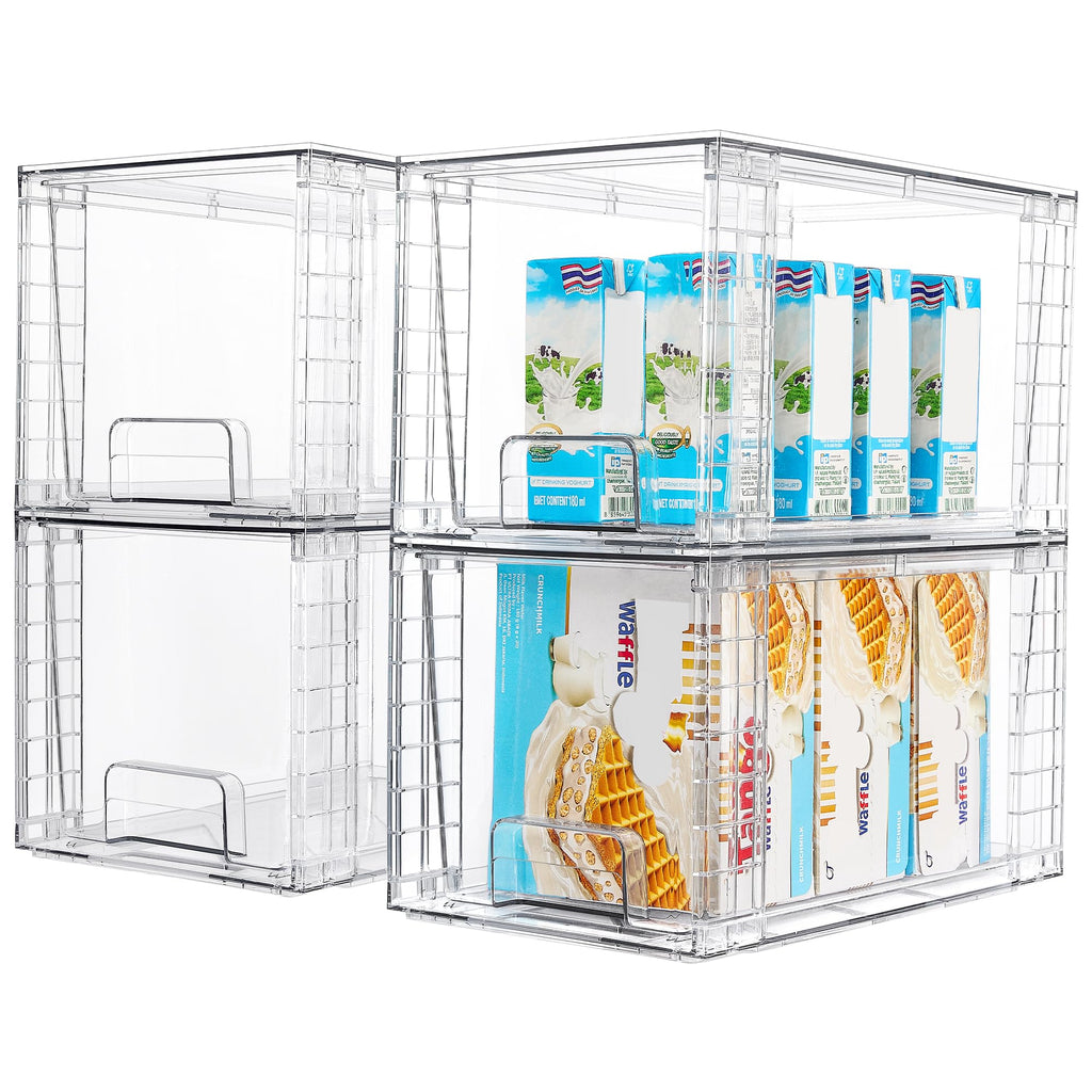 Vtopmart 4 Pack Stackable Storage Drawers,Clear Acrylic Drawer Organizers with Handles, Easily Assemble for Fridge, Bathroom,Kitchen Undersink,Cabinet,Pantry Organization and Storage
