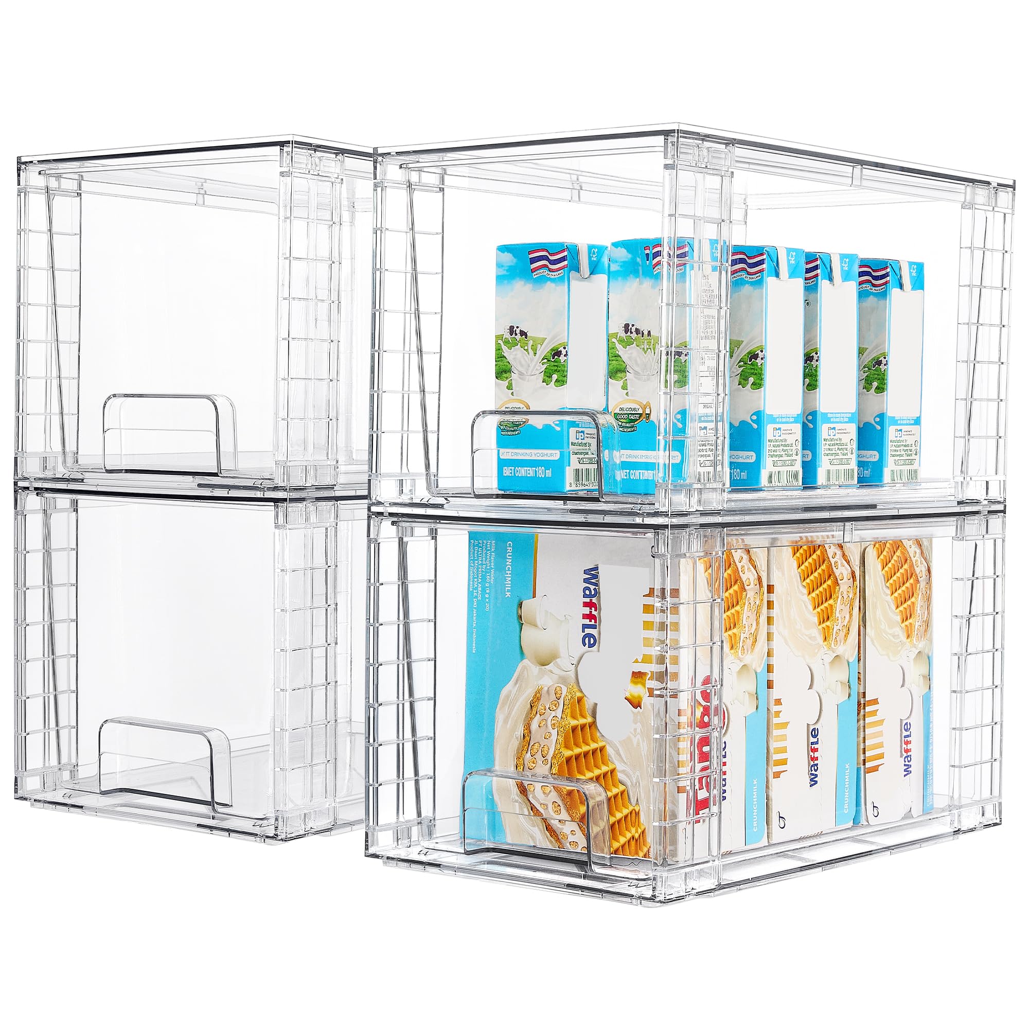 Vtopmart 4 Pack Stackable Storage Drawers,Clear Acrylic Drawer Organizers with Handles, Easily Assemble for Fridge, Bathroom,Kitchen Undersink,Cabinet,Pantry Organization and Storage