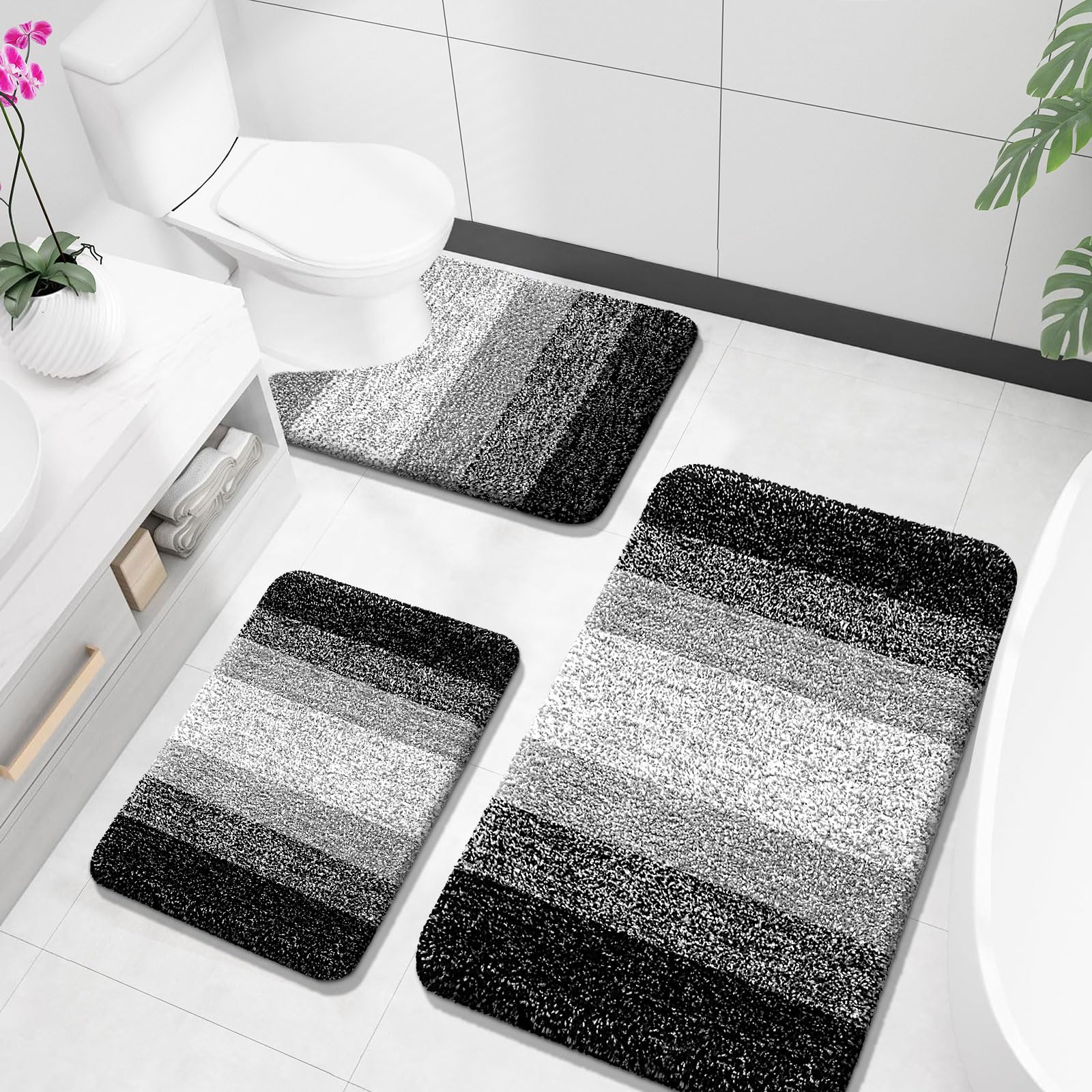 OLANLY Bathroom Rugs Sets 3 Piece, Soft Absorbent Microfiber Bath Mats and U-Shaped Contour Toilet Rug, Machine Wash Dry, Plush Shaggy Bath Mat Set for Bathroom (30"x20"+24"x16"+24"x20", Grey)