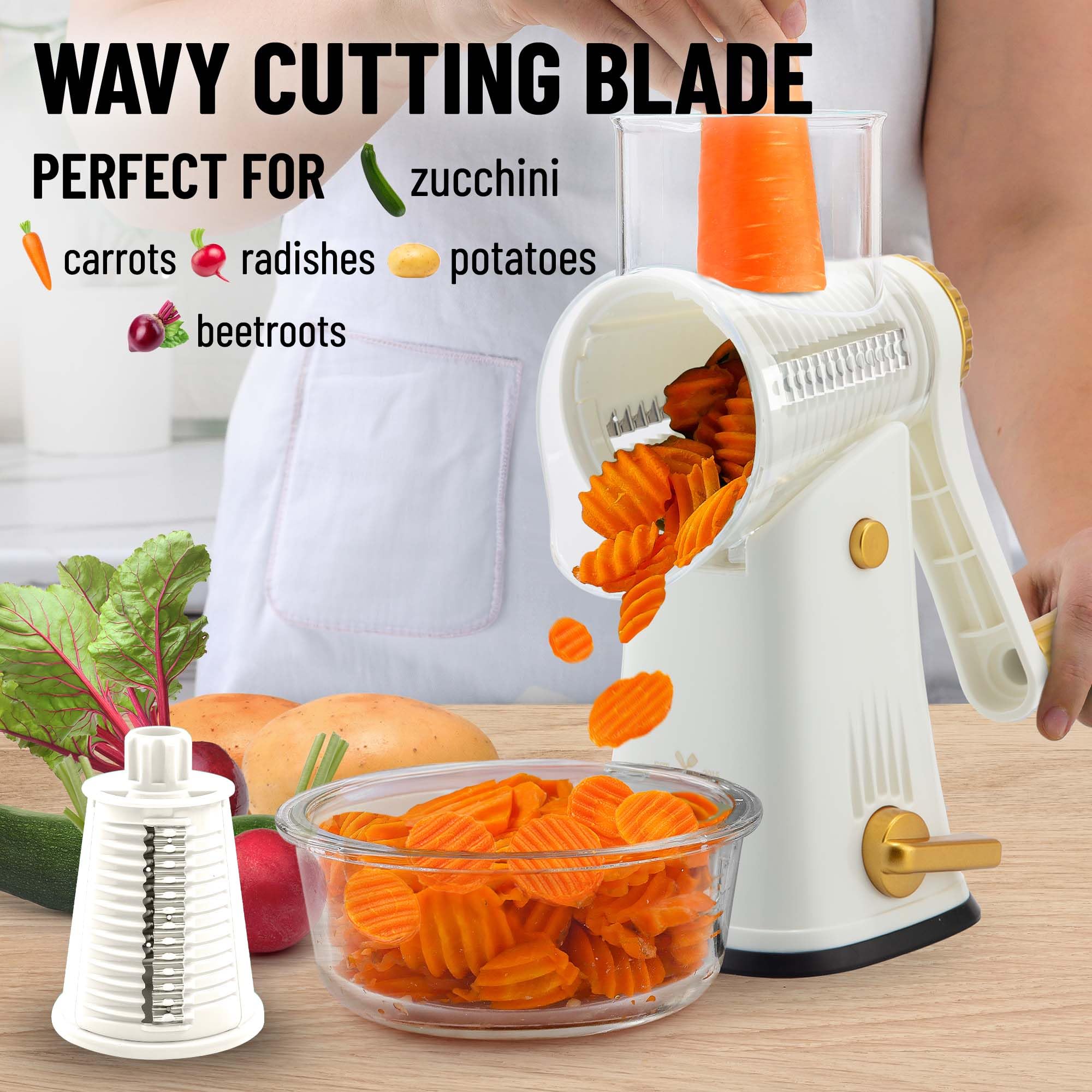 Zulay Kitchen Rotary Cheese Grater 5 Blade Cheese Shredder - Manual Hand Crank Cheese Grater With Reinforced Suction & 5 Interchangeable Drums - Easy to Use, Vegetable Chopper Round Mandoline Slicer