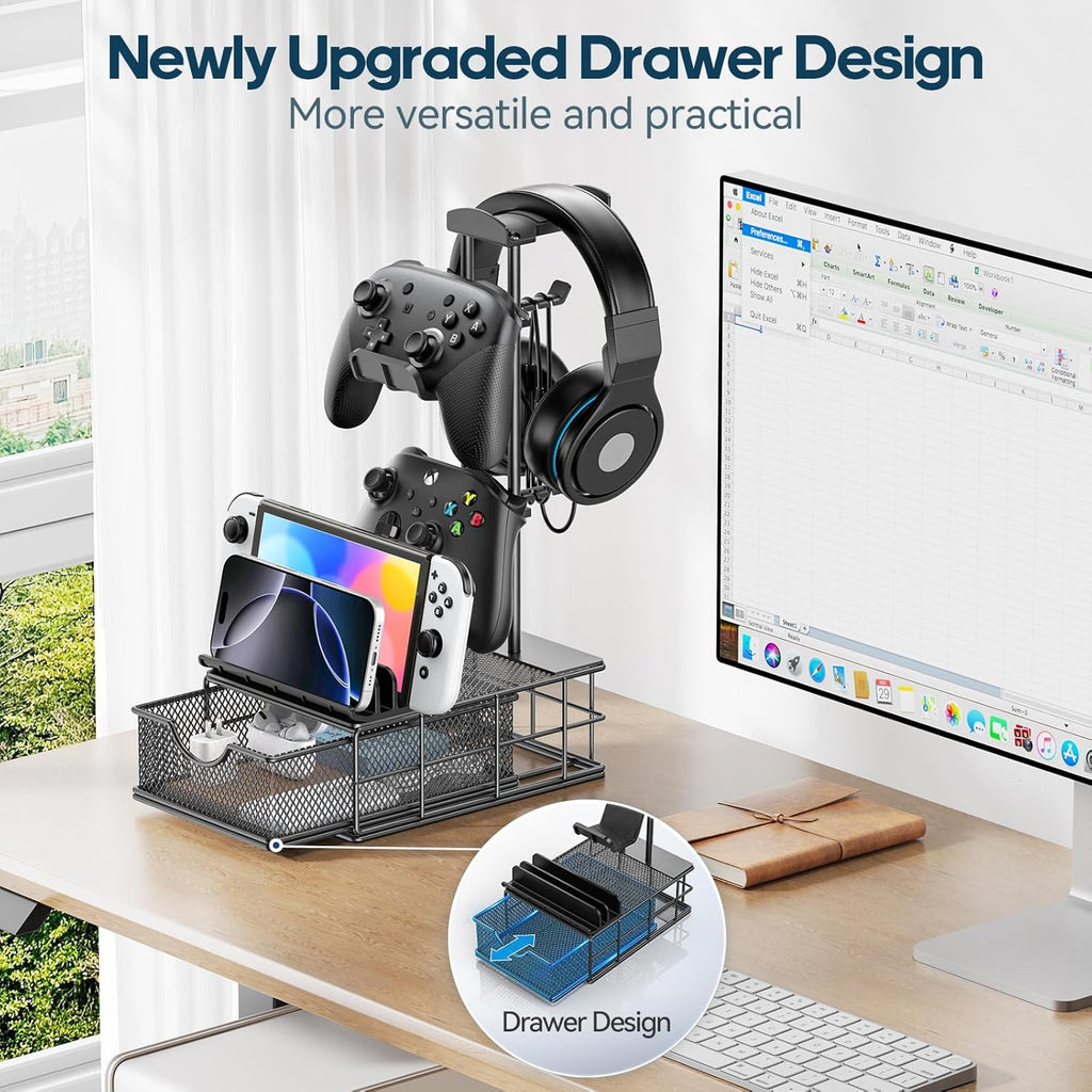 KDD Headphone Stand with USB Charger & Controller Stand for Desk with Drawer