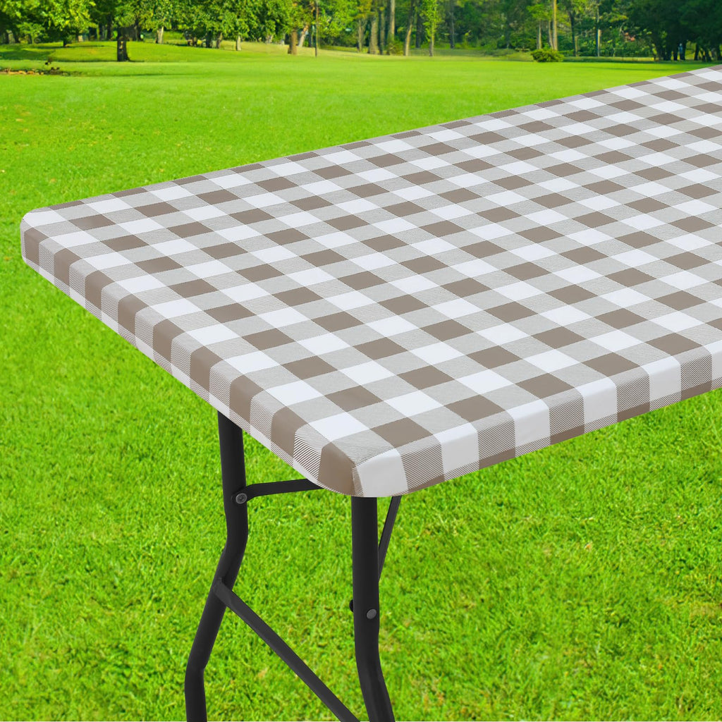 Smiry Rectangle Picnic Table Cloth, Elastic Waterproof Fitted Vinyl Tablecloths, Flannel Backed Buffalo Plaid Table Covers for Dining, Camping, Outdoor (Black and White, 30" x 72")