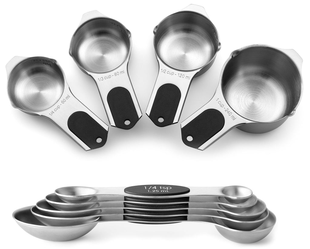 Spring Chef Magnetic Measuring Cups & Spoons Set, Patented, Strong N45 Magnets, Heavy Duty Stainless Steel Fits in Spice Jars for Baking & Cooking, BPA Free, Round Set of 15 with Leveler, Black