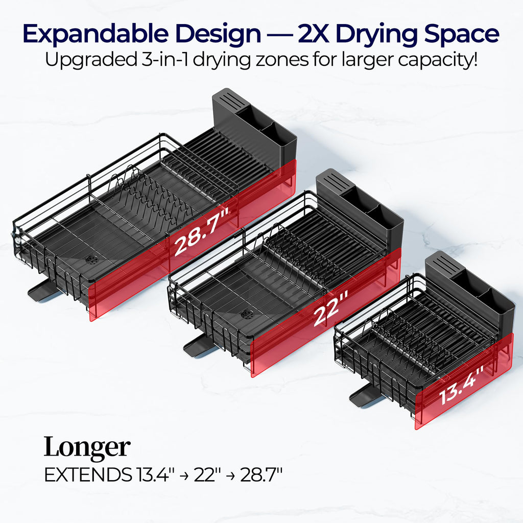 Large Dish Drying Rack, Expandable Dish Rack for Kitchen Counter, Upgraded Dish Drainer with Drainboard Set, Multifunctional Dishrack with Utensil Holder & Cup Holder, 13.4"-28.7" L x 11.8" W