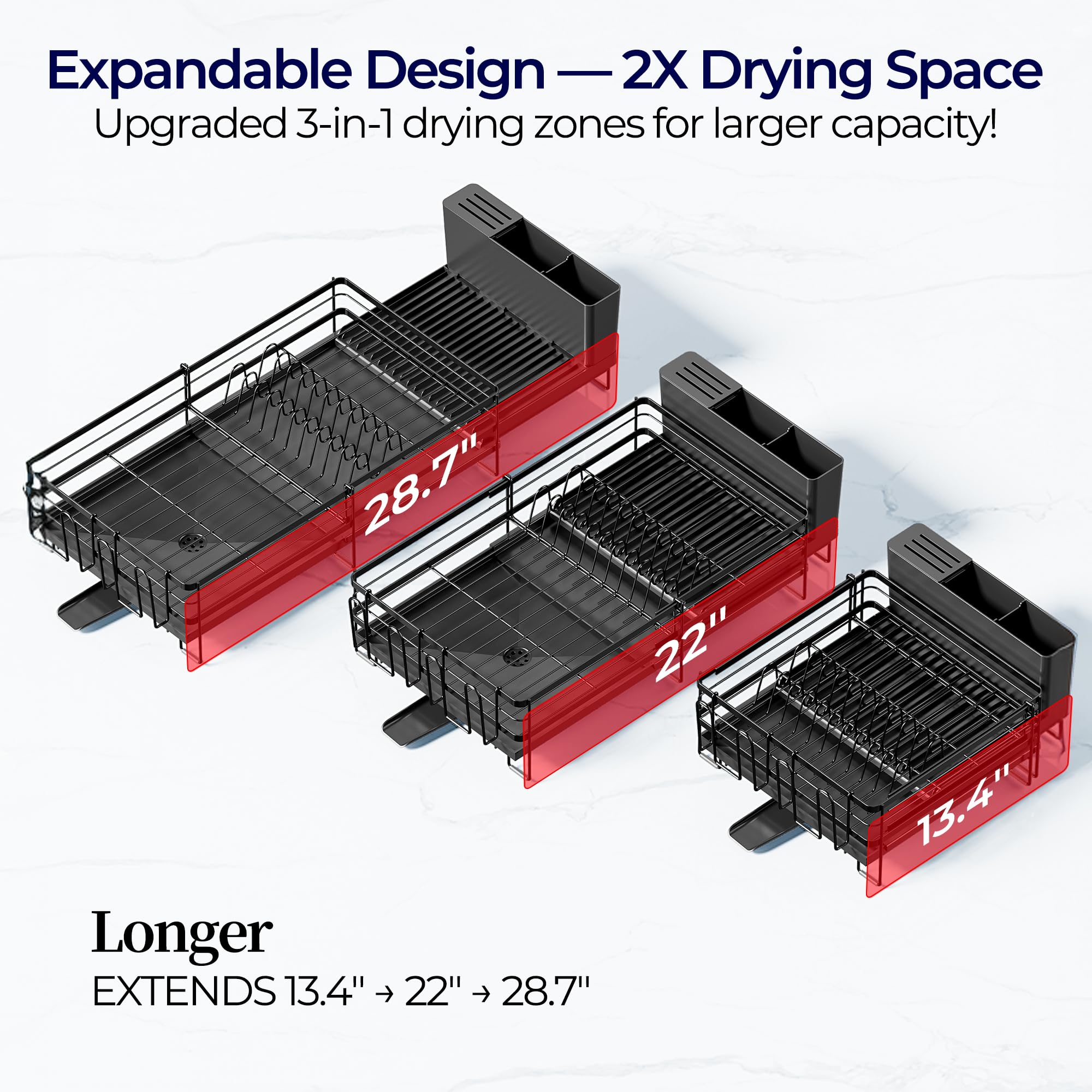 Large Dish Drying Rack, Expandable Dish Rack for Kitchen Counter, Upgraded Dish Drainer with Drainboard Set, Multifunctional Dishrack with Utensil Holder & Cup Holder, 13.4"-28.7" L x 11.8" W