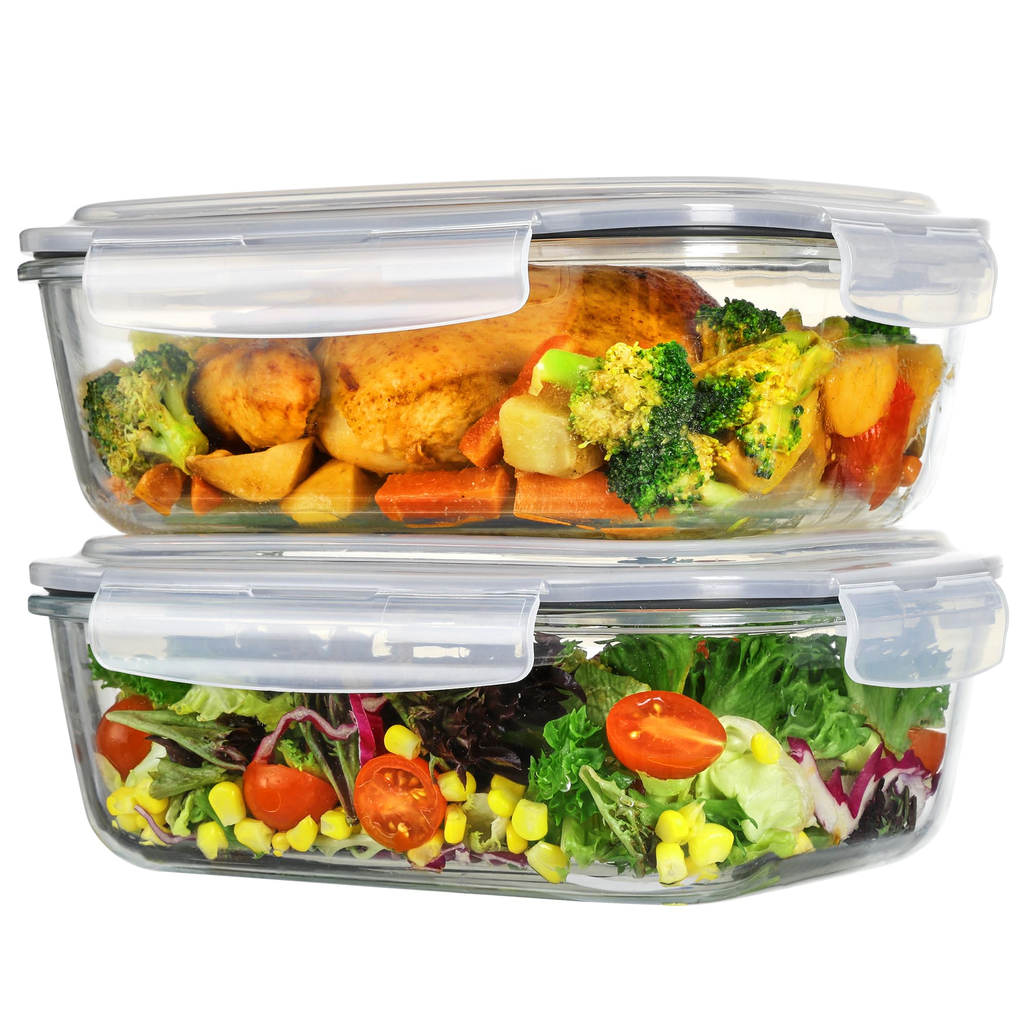 Vtopmart 2Pack 1860ml/63oz Large Glass Storage Containers with Lids, Meal Prep Food Container Set with Snap Airtight Lid for Baking, Microwave, Oven, Leak Proof, for Freezer, Dishwasher, Grey