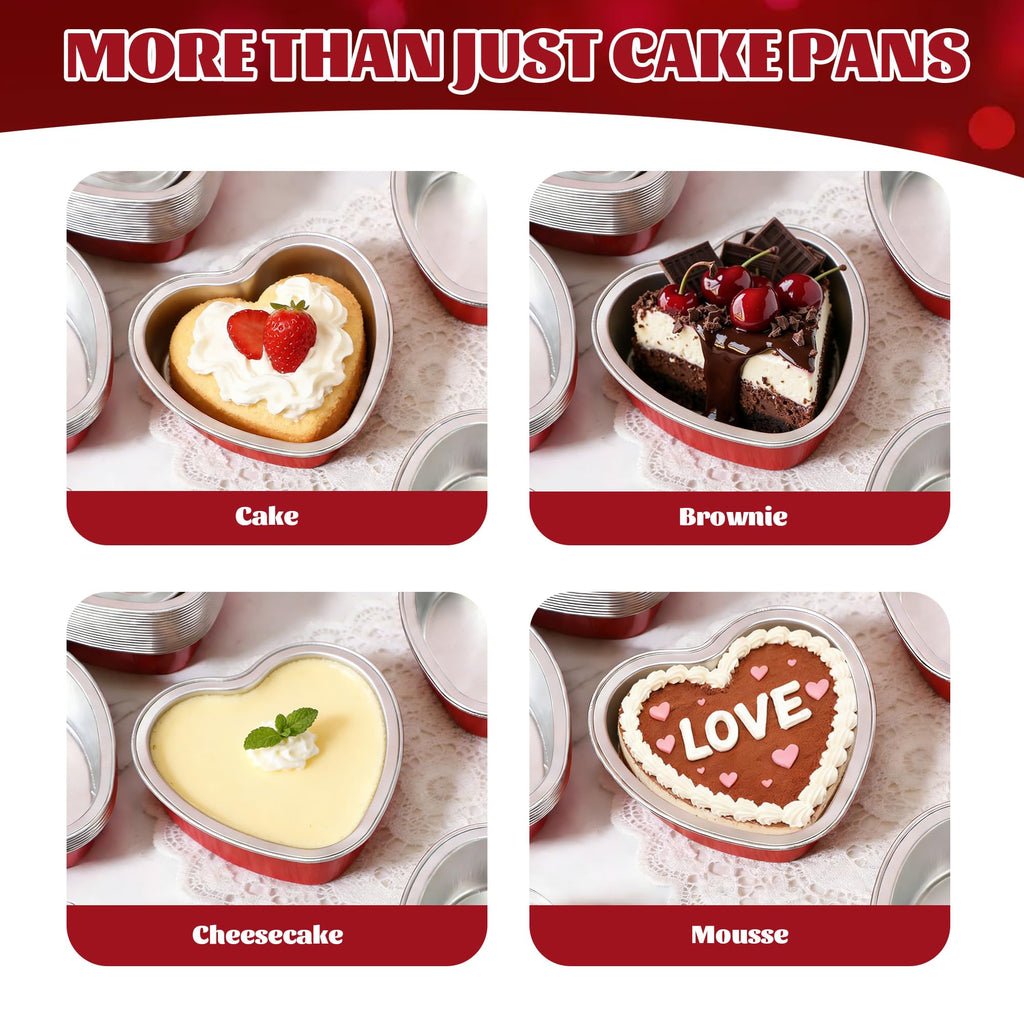3.5 oz Valentines Gifts Heart Shaped Cake Pans with Lids, Disposable Aluminum Mini Cake Pans for Baking and Takeout, Oven Safe 425°F, Perfect for Valentine's,Party,Wedding Dessert（50 Pack）