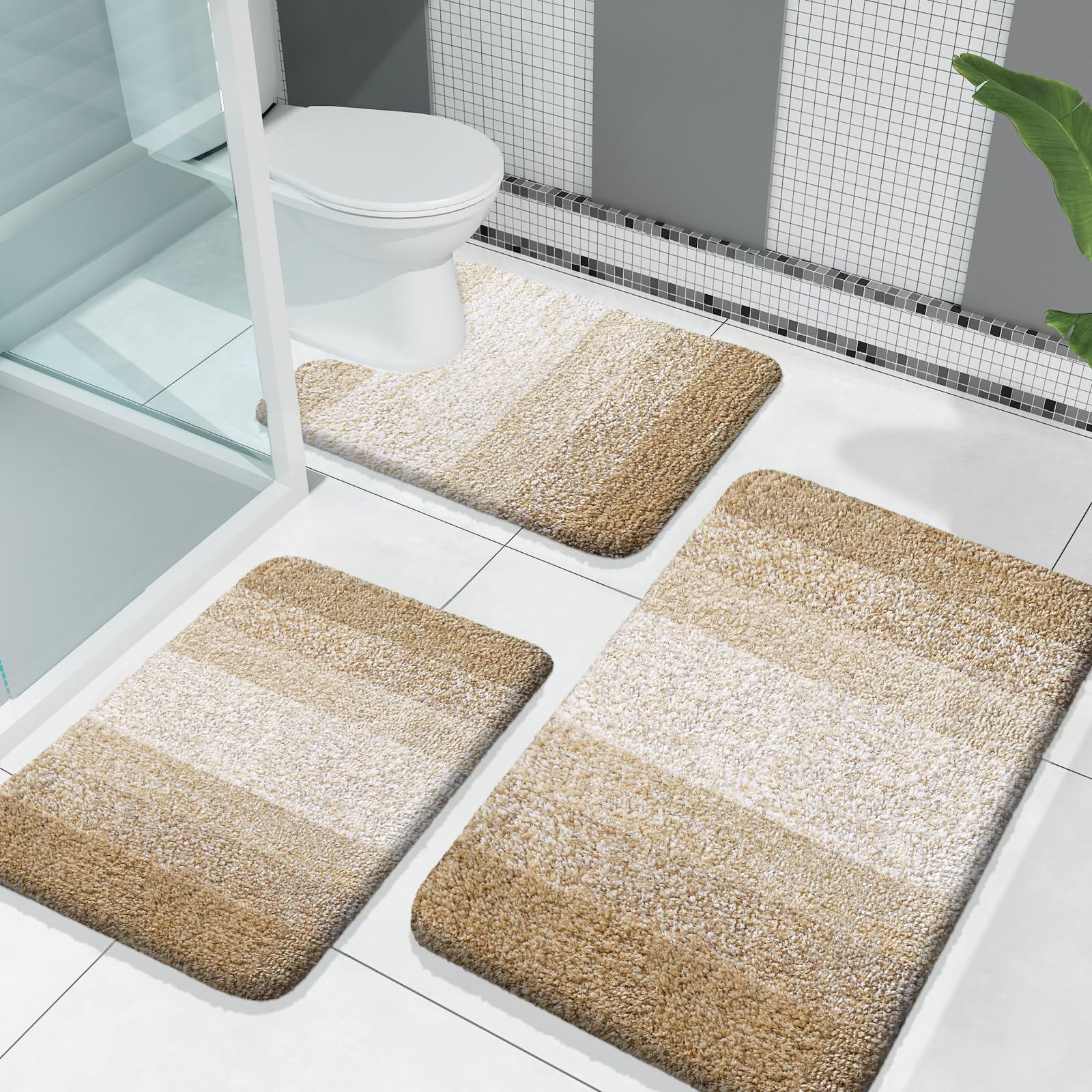 OLANLY Bathroom Rugs Sets 3 Piece, Soft Absorbent Microfiber Bath Mats and U-Shaped Contour Toilet Rug, Machine Wash Dry, Plush Shaggy Bath Mat Set for Bathroom (30"x20"+24"x16"+24"x20", Grey)