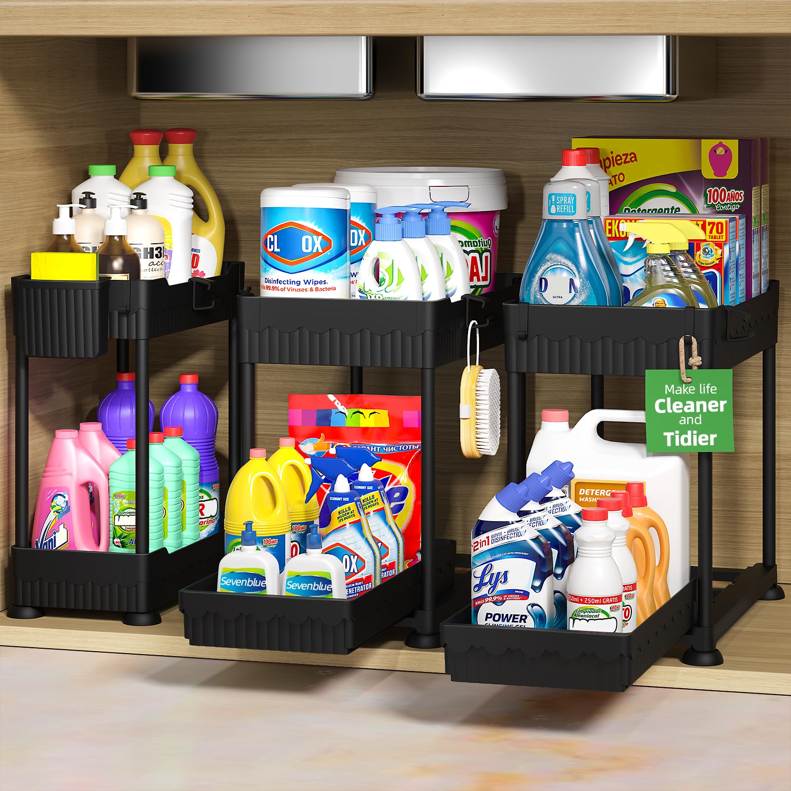 3 Pack Under Sink Organizers, 2-Tier Multi-Use Kitchen and Bathroom Organizers and Storage with Sliding Drawers，Bathroom Cabinet Organizer (Black, 12.8 Inch)