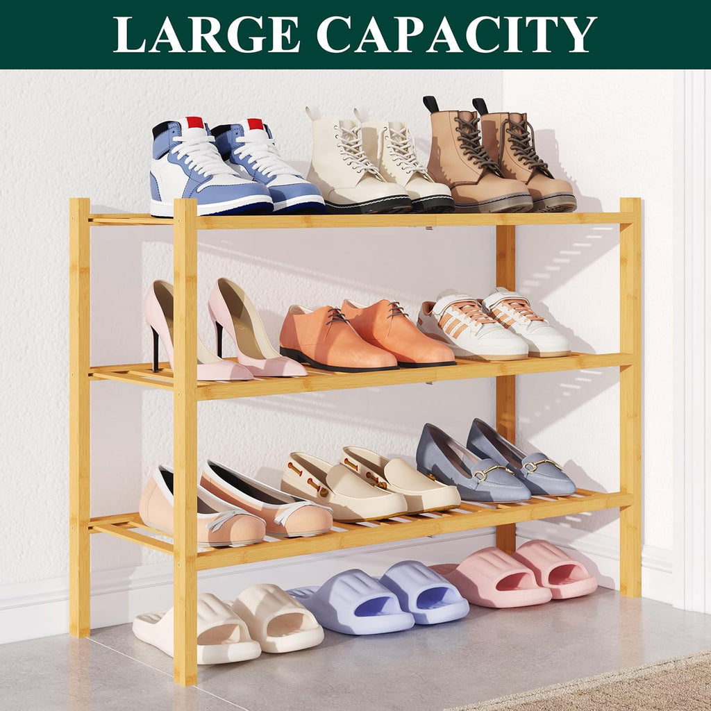 Smiry Bamboo Shoe Rack for Closet, 3 Tier Wooden Stackable Shoe Organizer, Free Standing Shoes Storage Shelf for Entryway, Front Door Entrance, Natural