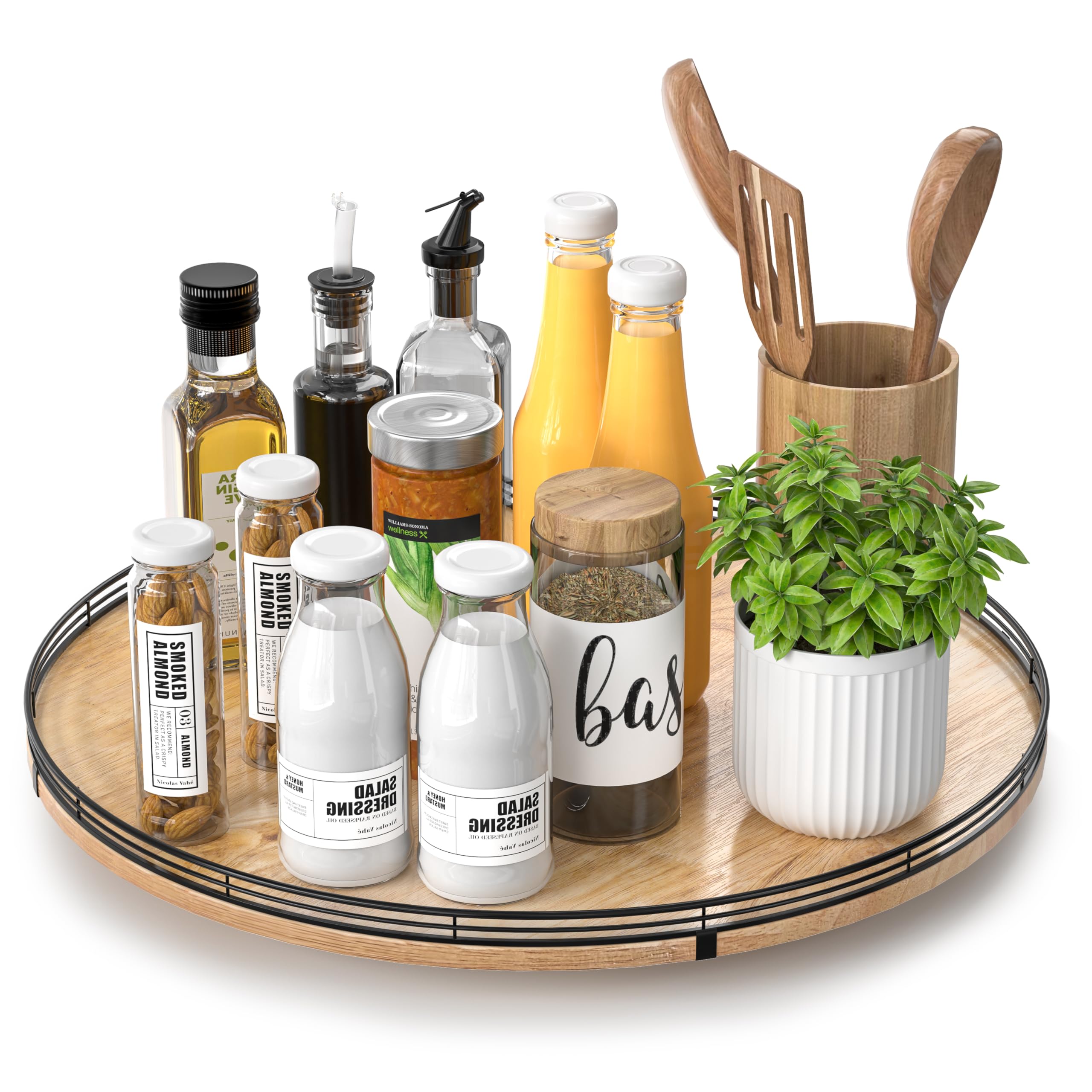 Farmhouse Oak 9" Lazy Susan Turntable Organizer for Cabinet, Round Wooden Lazy Susan Organization and Storage for Dining Table, Pantry, Kitchen, Countertop, Cupboard,Home Decor, Walnut Wood