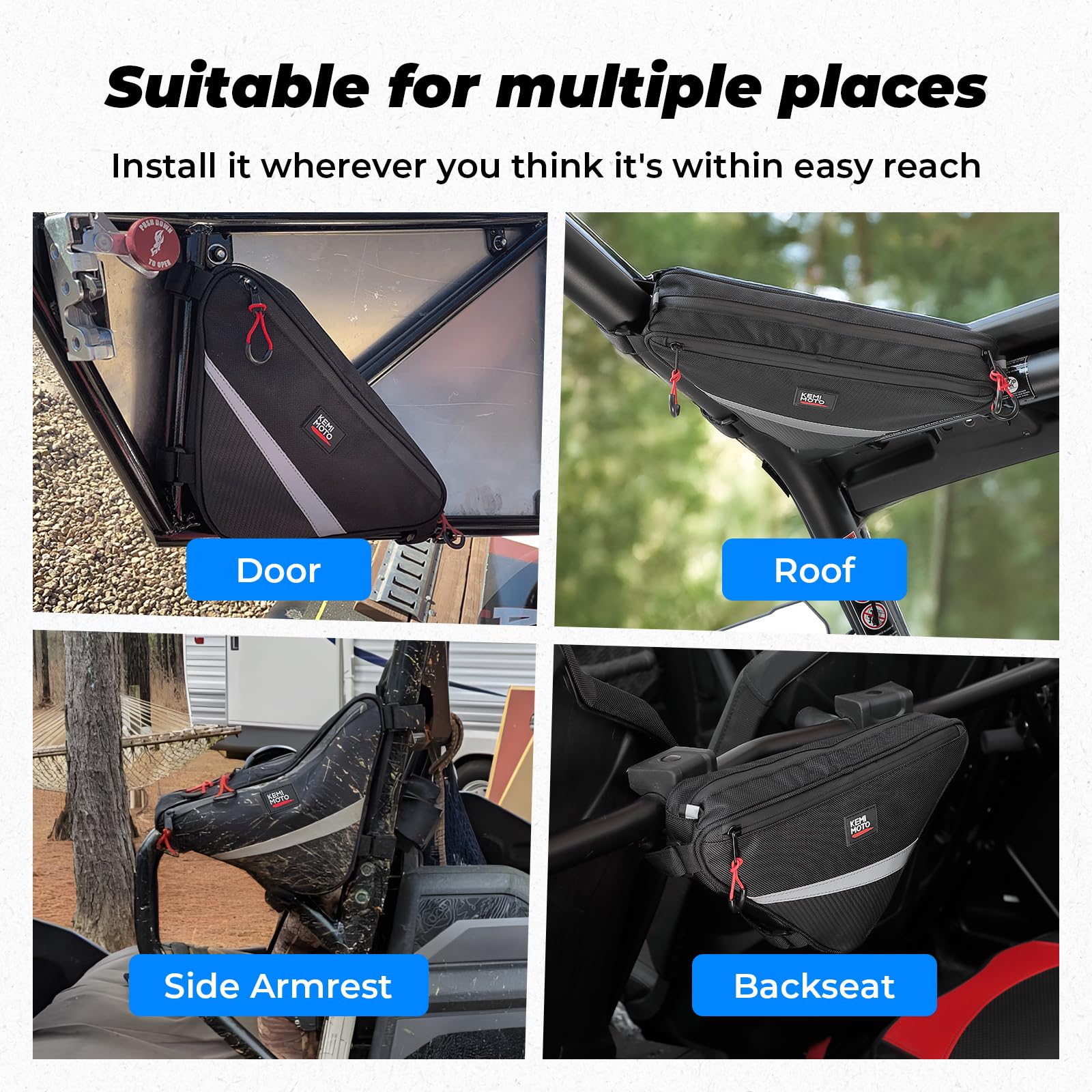 KEMIMOTO UTV Roll Bar Triangle Storage Bag, 2 Packs Water Resistant Universal Roof/Door/Side Armrest Bag Compatible with Most UTV, Road and Mountain Bikes