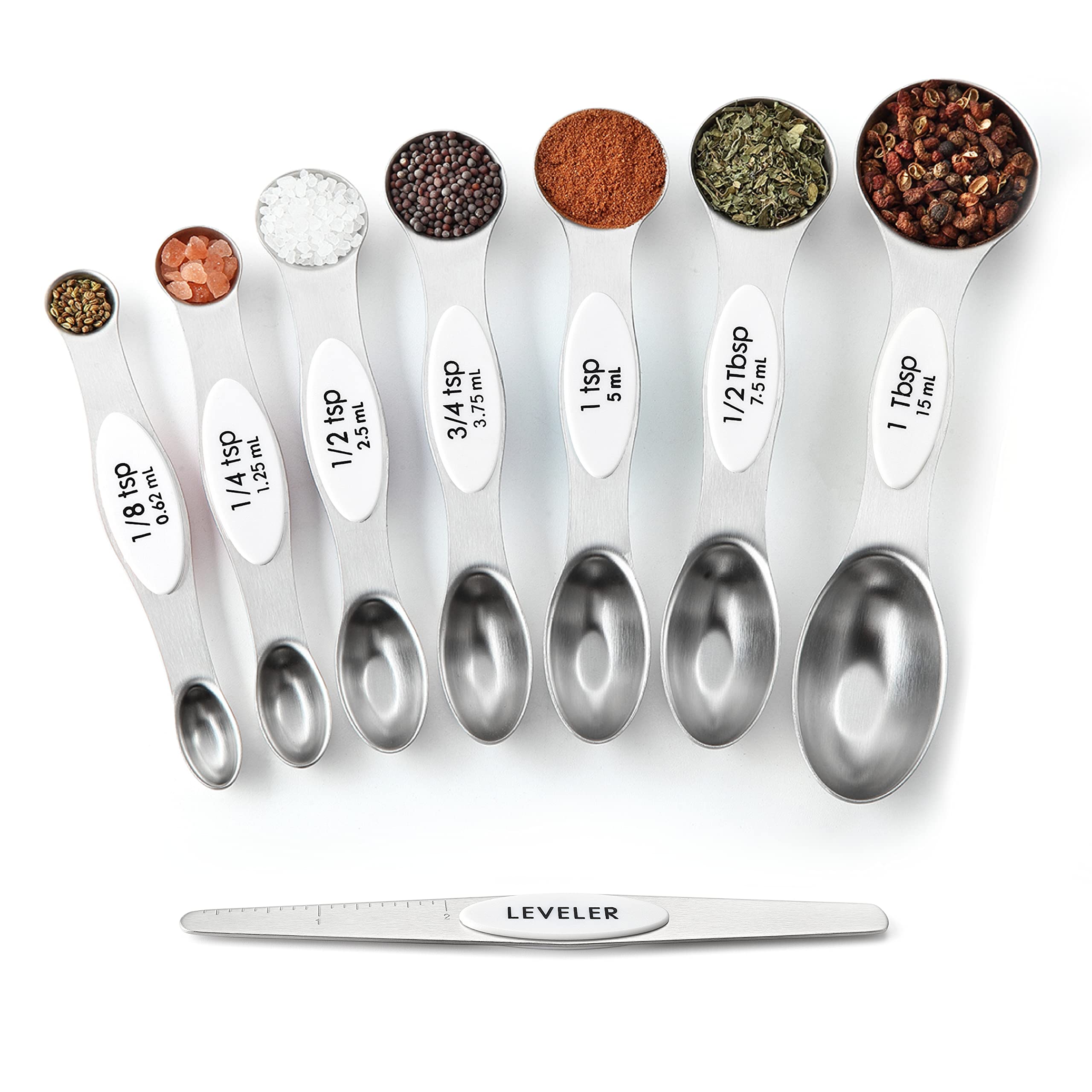 Spring Chef Stainless Steel Magnetic Measuring Spoons Set with Strong N45 Magnets, Heavy Duty Metal Kitchen Gadgets for Baking & Cooking, Fits in Most Kitchen Spice Jars, Set of 8 with Leveler, Black