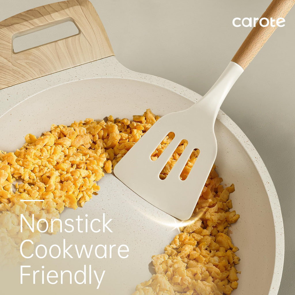 CAROTE Silicone Cooking Utensils Set for Nonstick Cookware, 446°F Heat Resistant Kitchen Utensil Set with Wooden Handle 10pcs, Spatula, Turner, Spoon, Tongs, Whisk