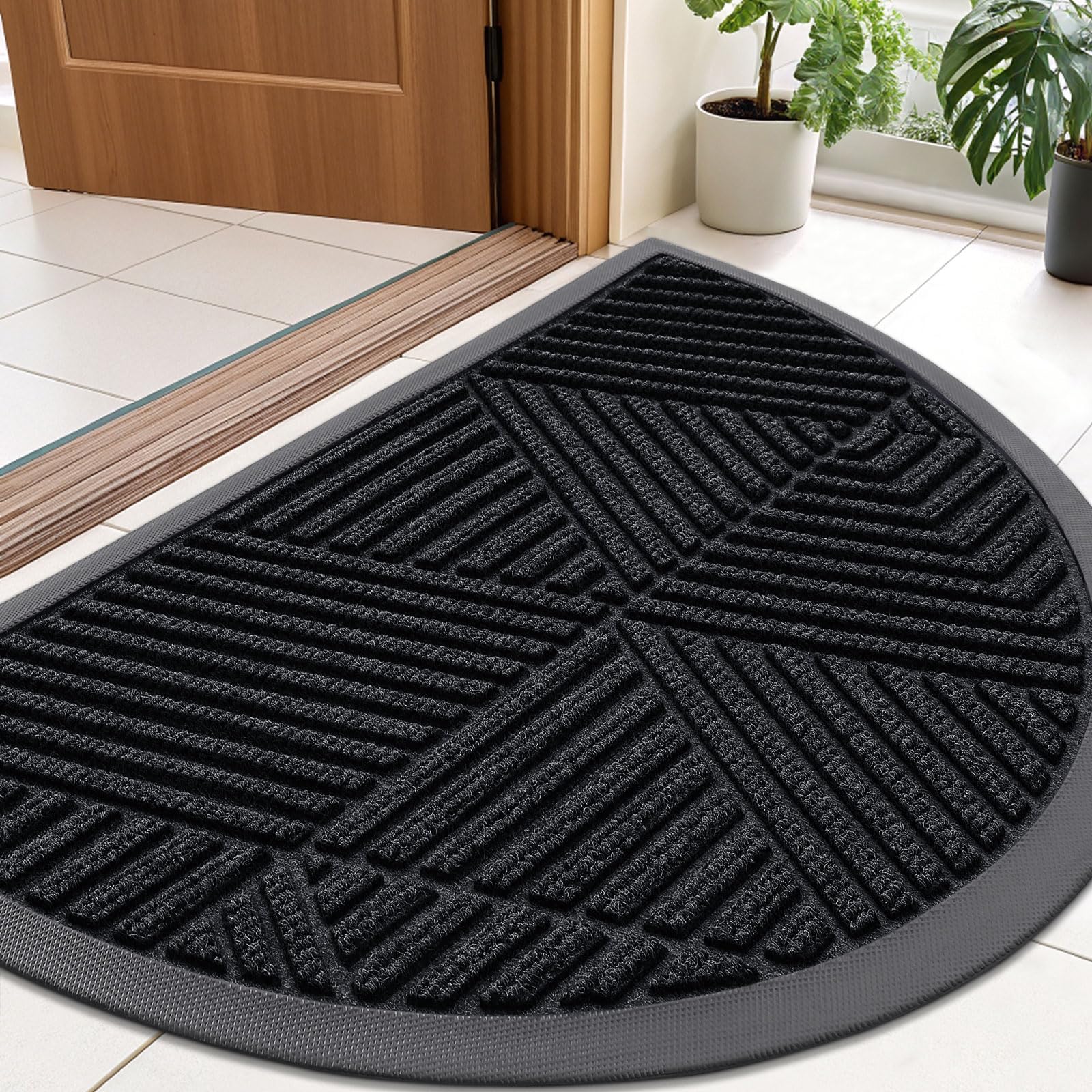 Smiry Front Door Mat Outside Entrance, Heavy Duty Sturdy Natural Rubber Doormat, Trap Dirt and Moisture, Easy Clean Low Profile Mats for Indoor Outdoor Entry, Irregular Triangle (29.5x17, Black)