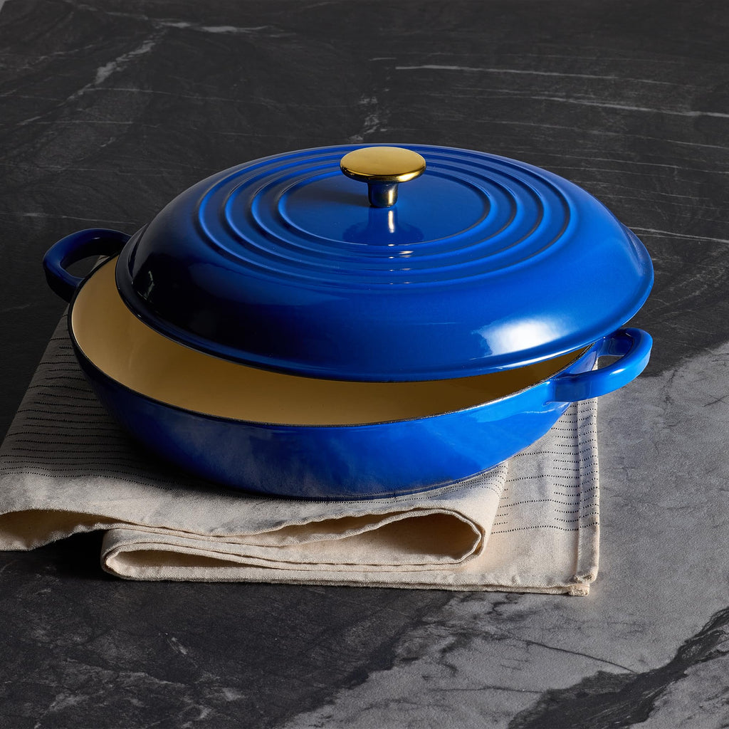 CAROTE 3.4QT Enameled Cast Iron Braiser Pan, Shallow Dutch Oven Casserole Skillets, Non-Toxic Cast Iron Pot with Lid for Grilling, Searing, Baking, Dual Handles, All Stovetop Compatible, White