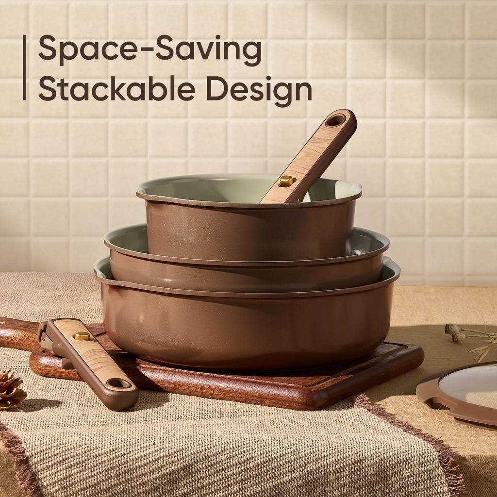 CAROTE 19PCS Ceramic Nonstick Cookware Set, Pots and Pans Set with Detachable Handle, PFAS-Free Non-Toxic, Induction & Oven Safe, Stackable Space-Saving, Dark Choco