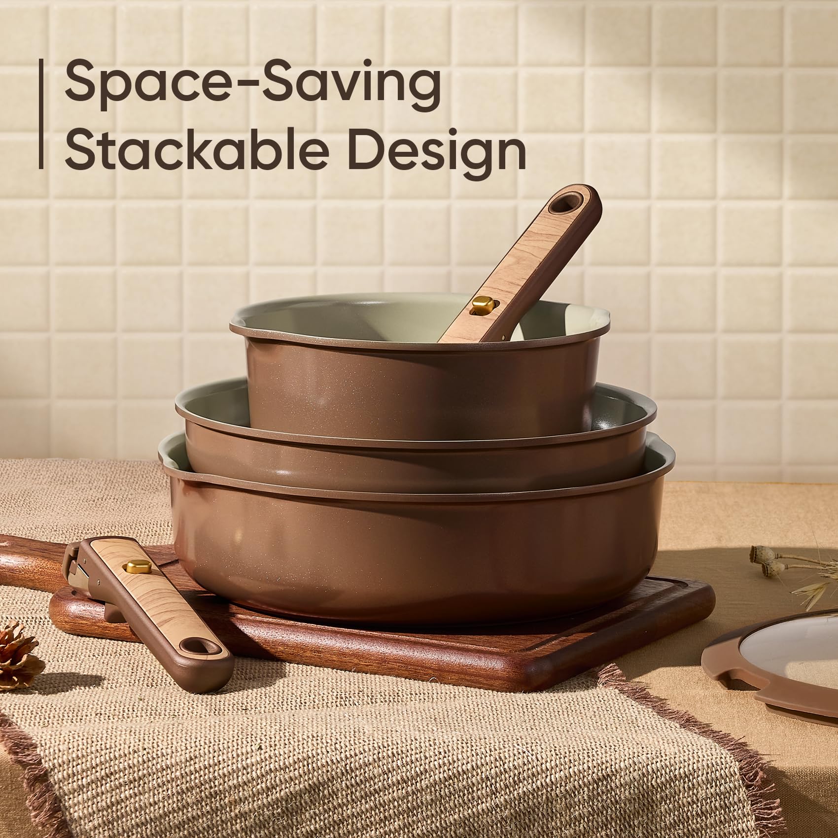 CAROTE 19PCS Ceramic Nonstick Cookware Set, Pots and Pans Set with Detachable Handle, PFAS-Free Non-Toxic, Induction & Oven Safe, Stackable Space-Saving, Dark Choco