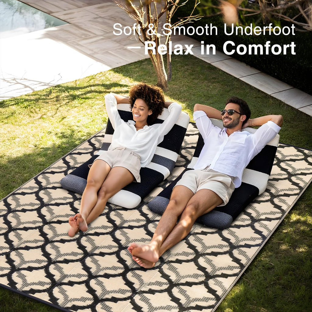 OLANLY Waterproof Outdoor Rug 5x8 ft, Outdoor Plastic Straw Rug for Camping, RV Mat Outside, Indoor Outdoor Carpet for Porch, Deck, Backyard, Balcony, Picnic, Black & White