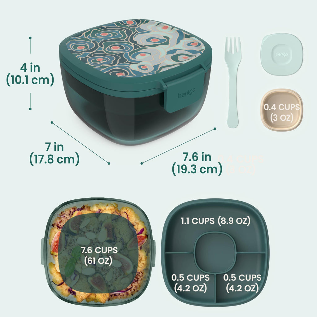 Bentgo Glass Salad Container - 7.6-Cup Salad Bowl with Airtight Lid, Leak-Proof Sauce Container, 4-Compartment Bento Tray & Reusable Fork - BPA-Free for Meal Prep, Office & More (Lavender)