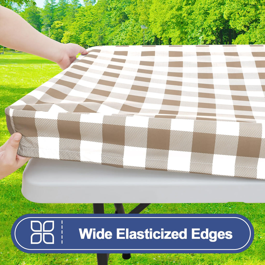 Smiry Picnic Table Cover with Bench Covers, Waterproof Elastic Fitted Tablecloths for 6 Foot Rectangle Tables, Washable Buffalo Plaid Tablecloth for Camping, Outdoor (Black & White, 30"x72")