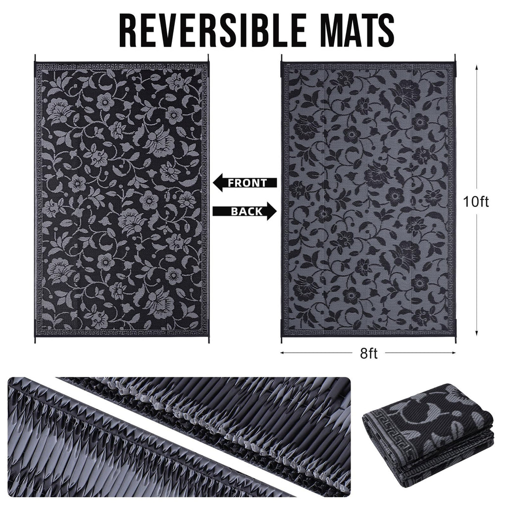 OLANLY Waterproof Outdoor Rug 5x8 ft, Outdoor Plastic Straw Rug with Flower Pattern, Reversible RV Mat for Patio, Camping, Balcony, Deck, Backyard, Navy & White