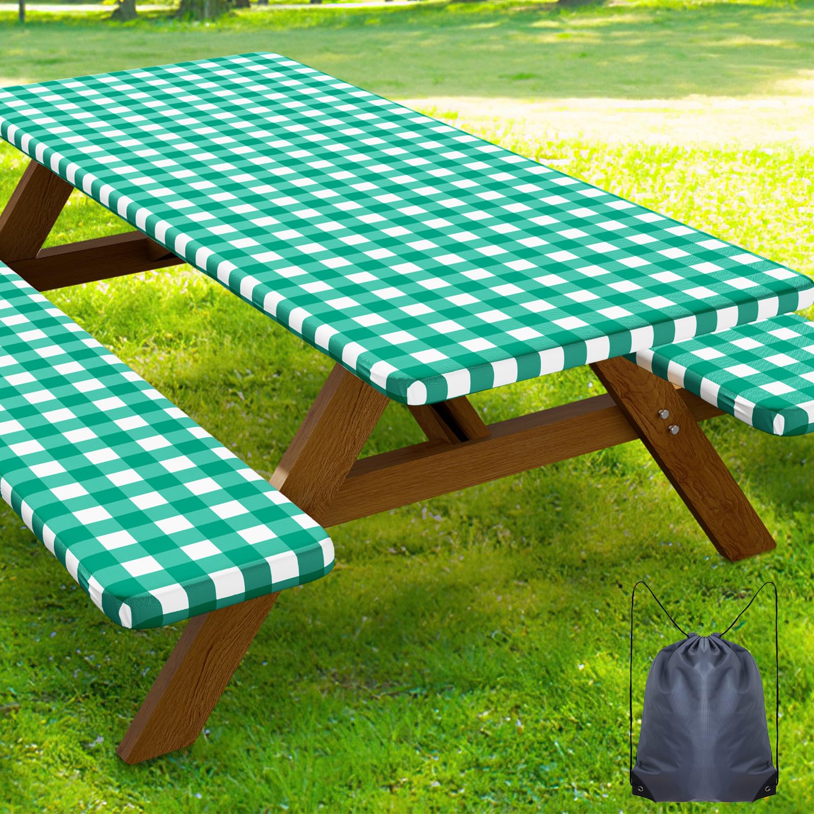 Smiry Picnic Table Cover with Bench Covers, Waterproof Elastic Fitted Tablecloths for 6 Foot Rectangle Tables, Washable Buffalo Plaid Tablecloth for Camping, Outdoor (Black & White, 30"x72")