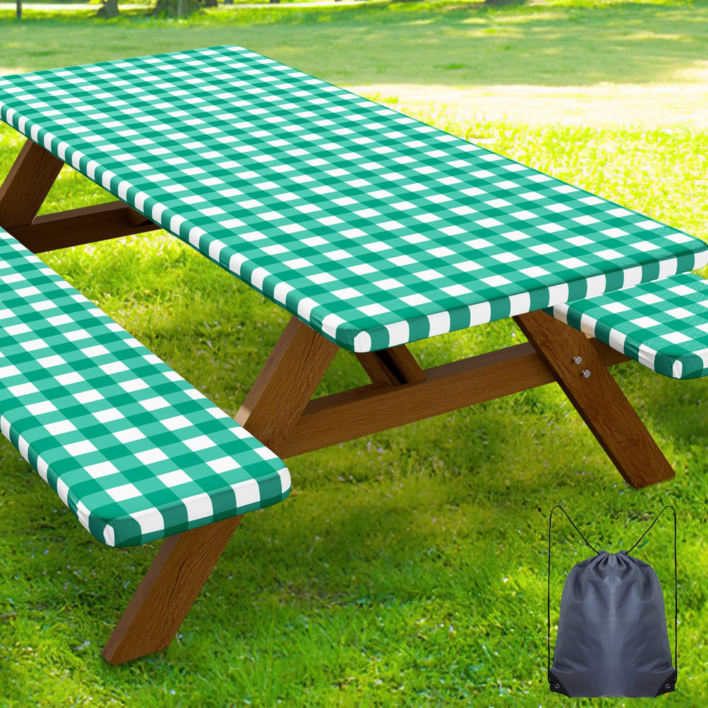 Smiry Picnic Table Cover with Bench Covers, Waterproof Elastic Fitted Tablecloths for 6 Foot Rectangle Tables, Washable Buffalo Plaid Tablecloth for Camping, Outdoor (Black & White, 30"x72")