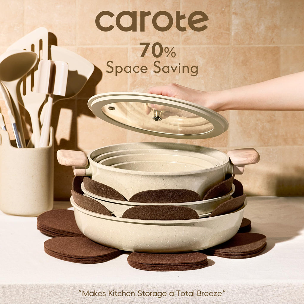 CAROTE 22PCS Pots and Pans set Non Stick, Ceramic Cookware Set, RV Kitchen Cooking Set Removable Handles, Oven Safe, Induction Coolware, Non-toxic Kitchen Cooking Set, PFAS and PFOA Free