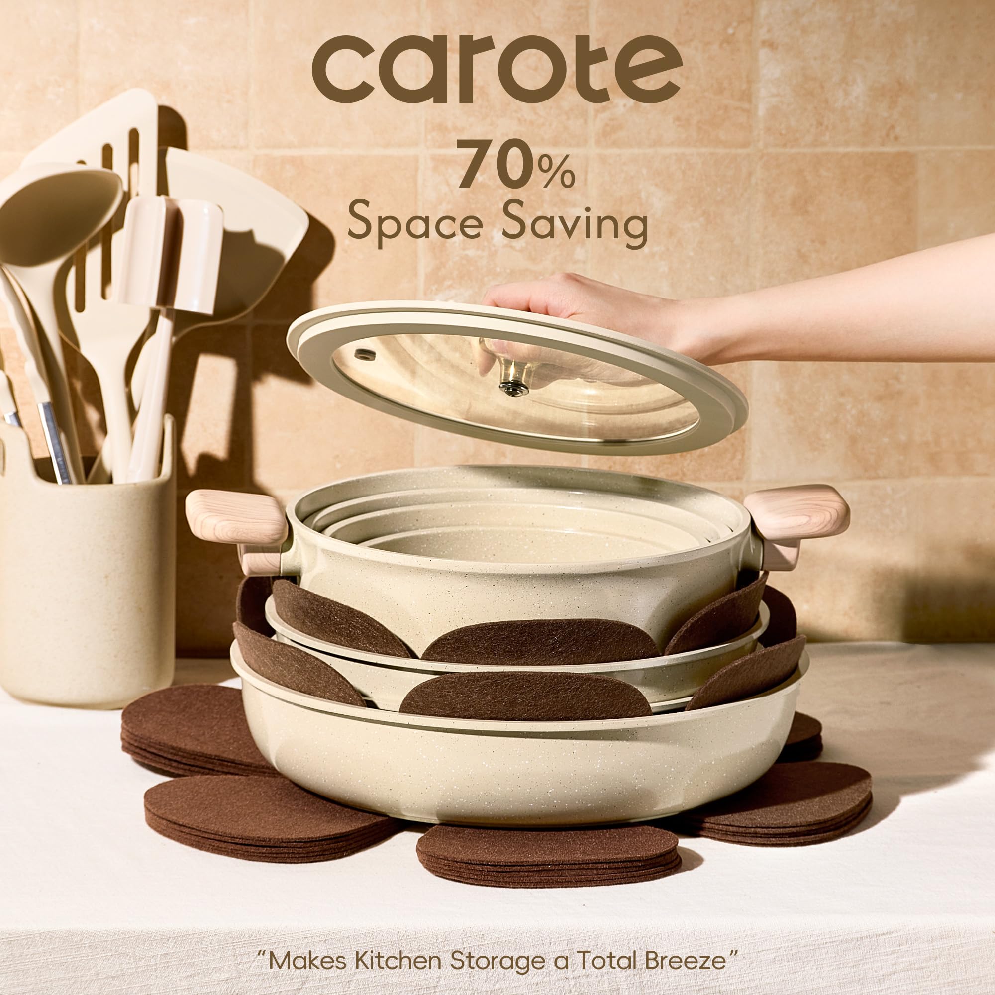 CAROTE 22PCS Pots and Pans set Non Stick, Ceramic Cookware Set, RV Kitchen Cooking Set Removable Handles, Oven Safe, Induction Coolware, Non-toxic Kitchen Cooking Set, PFAS and PFOA Free