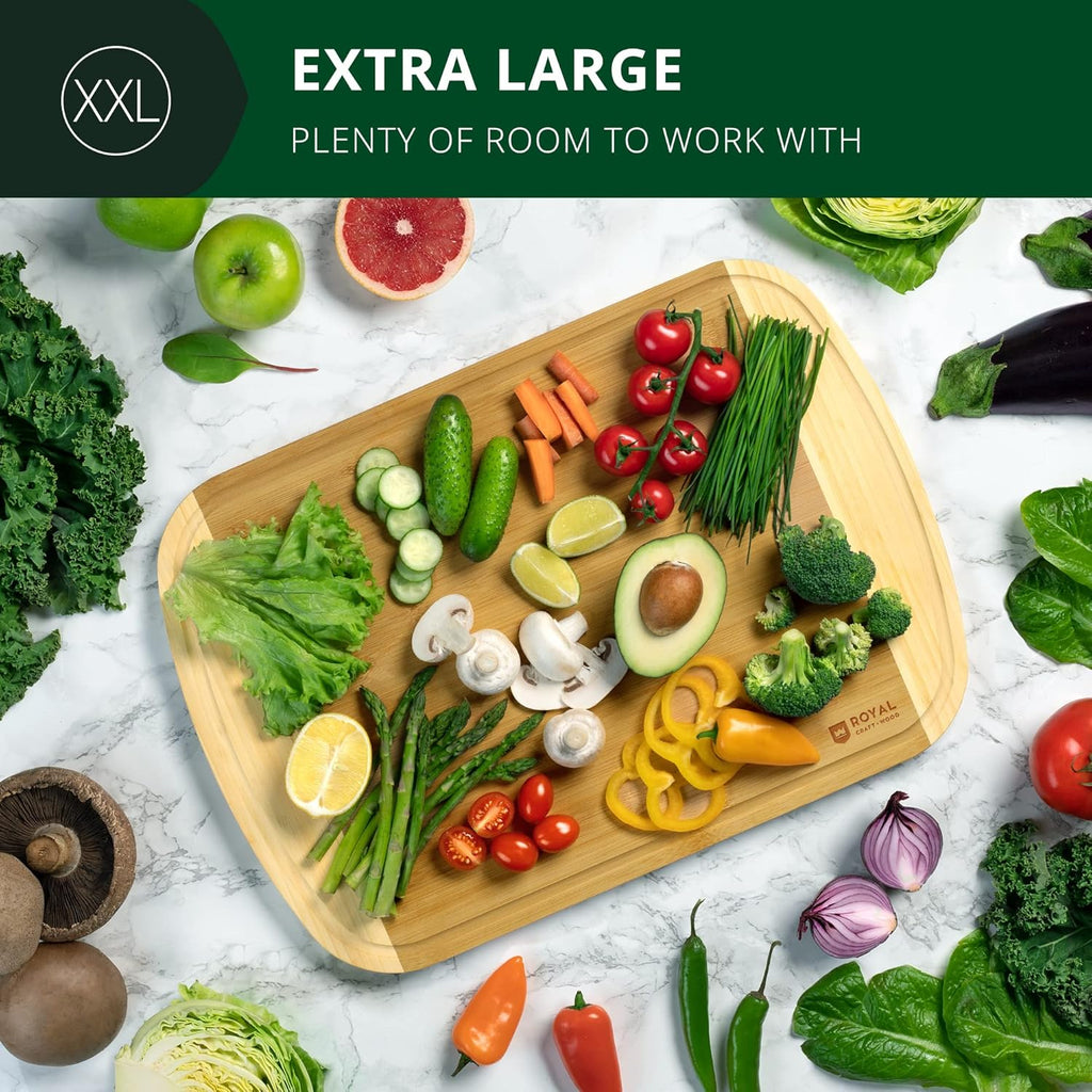 ROYAL CRAFT WOOD Bamboo Cutting Boards for Kitchen, Wood Chopping Boards with Juice Groove, Wooden Cutting Board for Vegetables, Fruit and Cheese, Charcuterie Serving Tray (XX-Large)