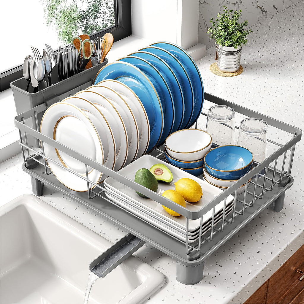 SNTD Dish Drying Rack - Small Dish Rack for Kitchen Counter, Stainless Steel Dish Drainer with Utensil Holder and Drainboard, 11" W x 15" L (Black)