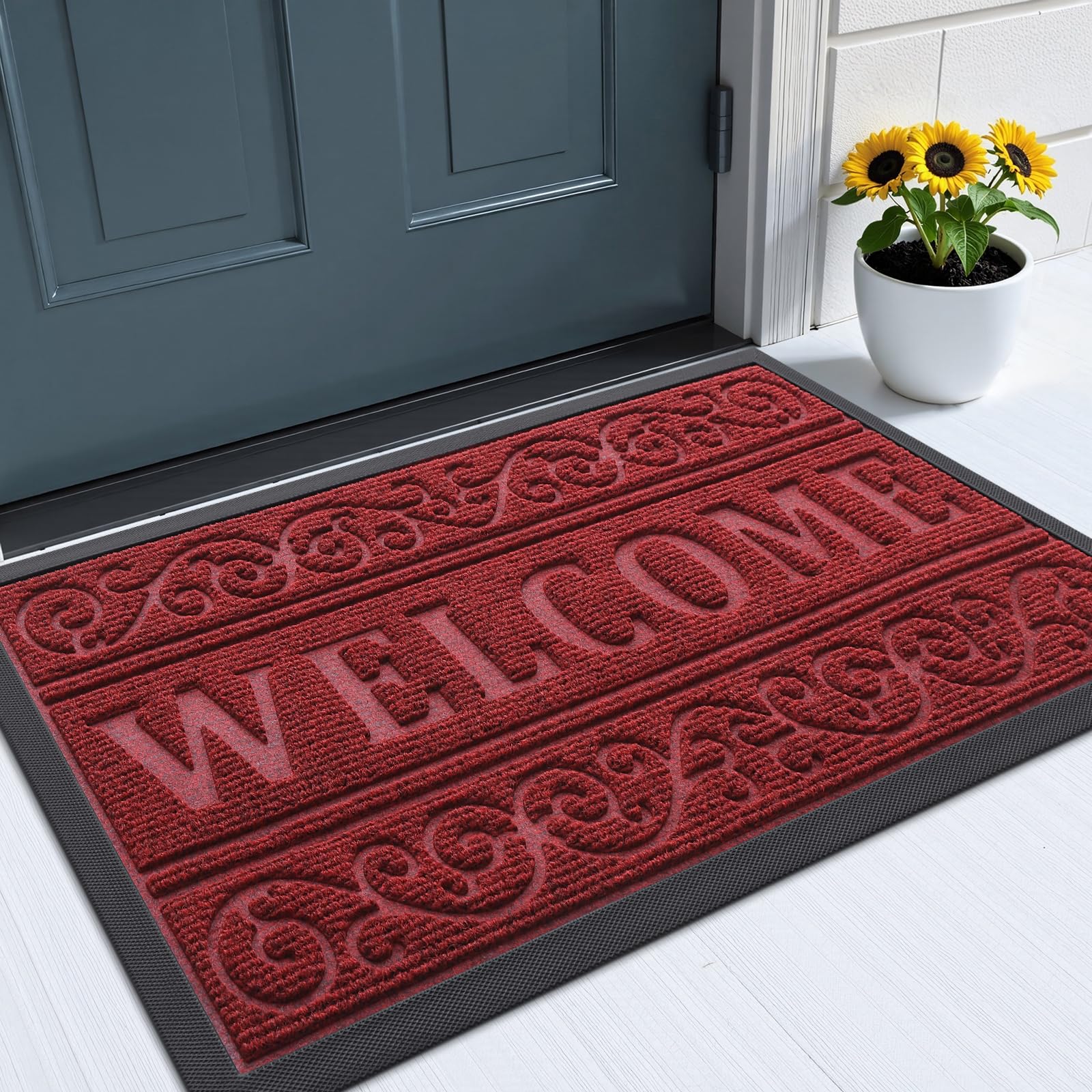 OLANLY Front Door Mat Outside Entrance 29.5x17, Absorbent, Heavy Duty Sturdy Natural Rubber Doormat Indoor Outdoor, Stain and Fade Resistant, Non-Slip Backing Low Profile Floor Mat for Entryway, Grey