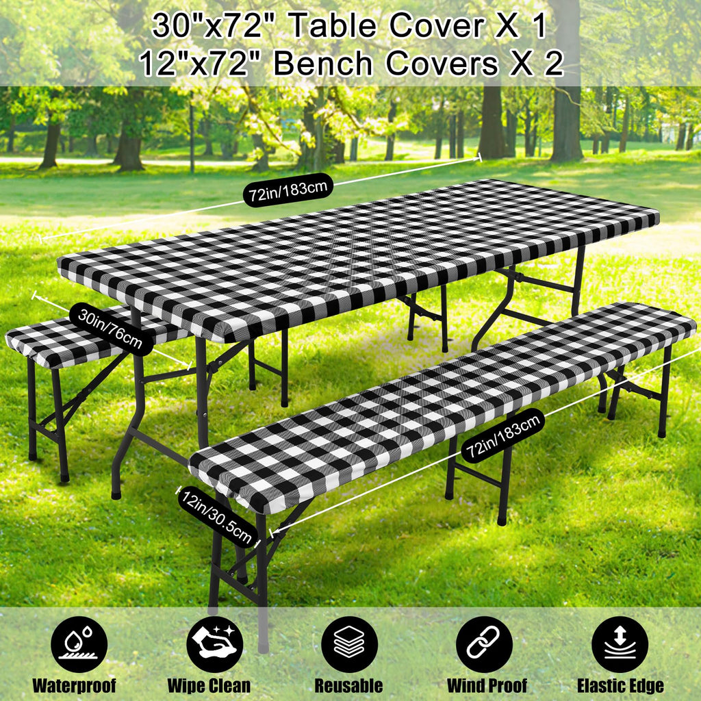 Smiry Picnic Table Cover with Bench Covers, Waterproof Elastic Fitted Tablecloths for 6 Foot Rectangle Tables, Washable Buffalo Plaid Tablecloth for Camping, Outdoor (Black & White, 30"x72")