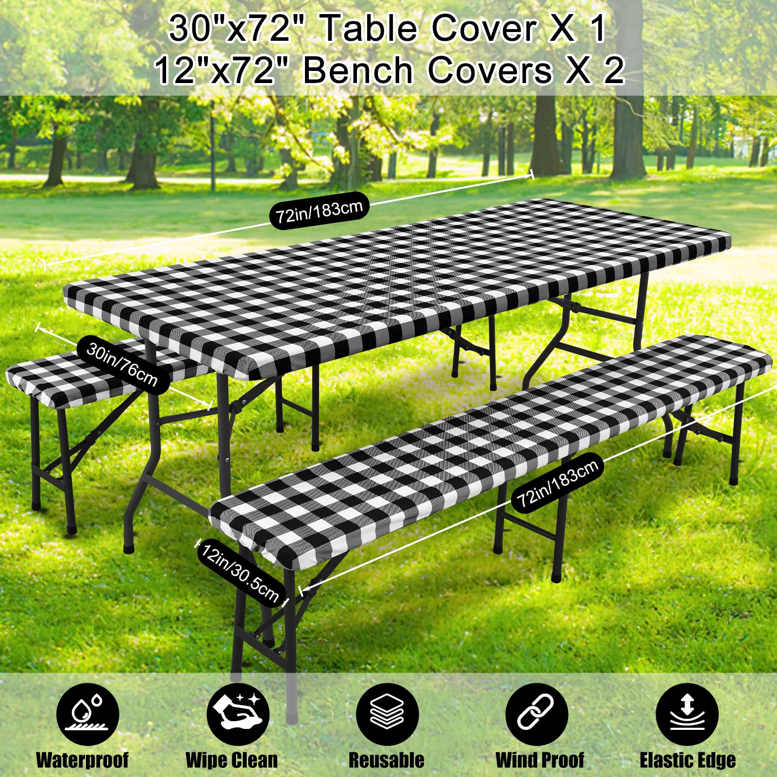 Smiry Picnic Table Cover with Bench Covers, Waterproof Elastic Fitted Tablecloths for 6 Foot Rectangle Tables, Washable Buffalo Plaid Tablecloth for Camping, Outdoor (Black & White, 30"x72")
