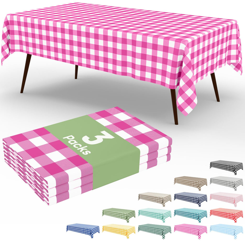 Smiry 3 Pack Red Gingham Disposable Tablecloths - 54" x 108" Heavy Duty Plastic Table Cloth, Waterproof Buffalo Plaid Table Covers for Picnic, Banquets, Outdoor Parties