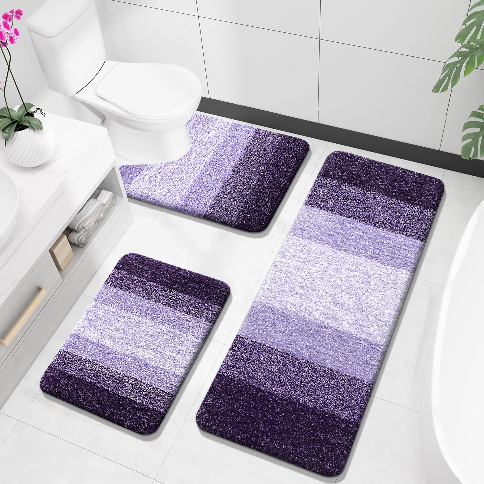 OLANLY Bathroom Rugs Sets 3 Piece, Soft Absorbent Microfiber Bath Mats and U-Shaped Contour Toilet Rug, Machine Wash Dry, Plush Shaggy Bath Mat Set for Bathroom (30"x20"+24"x16"+24"x20", Grey)