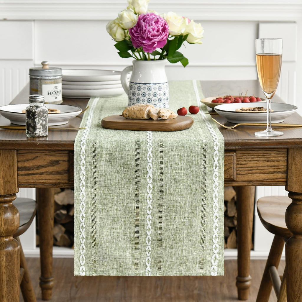 Artoid Mode Sage Green Rustic Cotton Linen Table Runner, Seasonal Embroidered Hollow Kitchen Dining Table Decoration for Home Party Decor 13x72 Inch