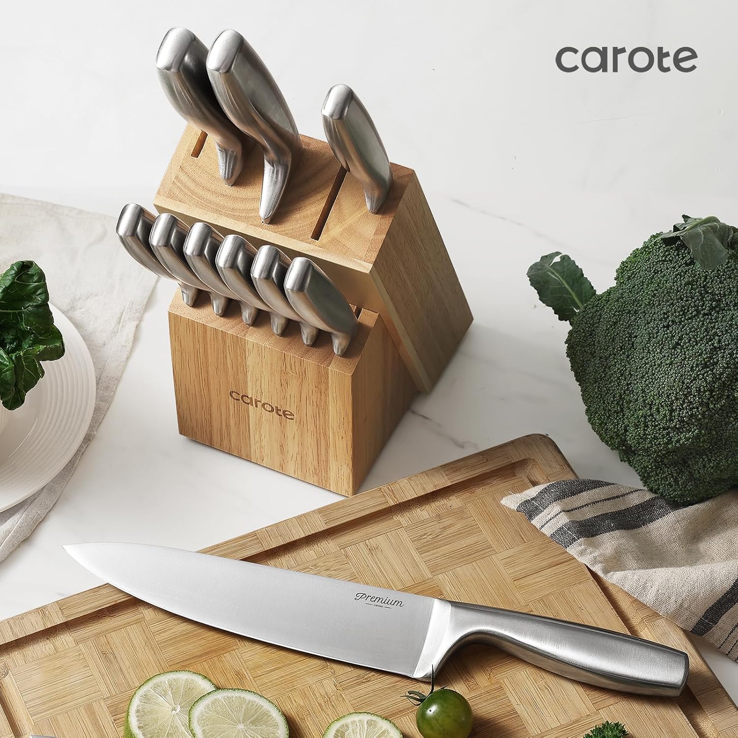CAROTE 12-Piece Knife Set, All-Stainless Steel Knife Block Set, Kitchen Knives with Wooden Block, Razor-Sharp and Ergonomic, Dishwasher Safe