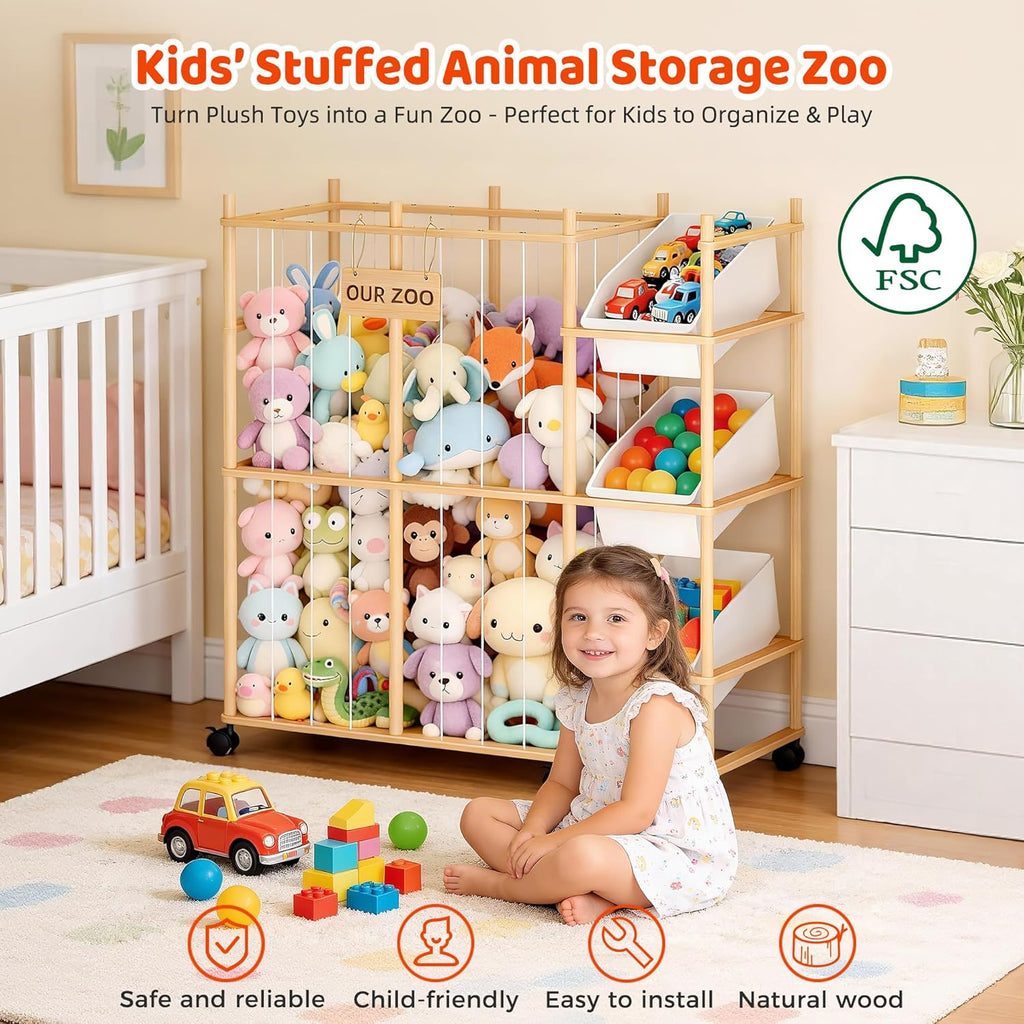 Stuffed Animal Storage with 3 Removable Bins, Wood Animals Zoo Stuffed Animal Holder with Sticker, Large Capacity Toy Storage Organizer for Toddler Rooms, Playrooms & Bedrooms Organization